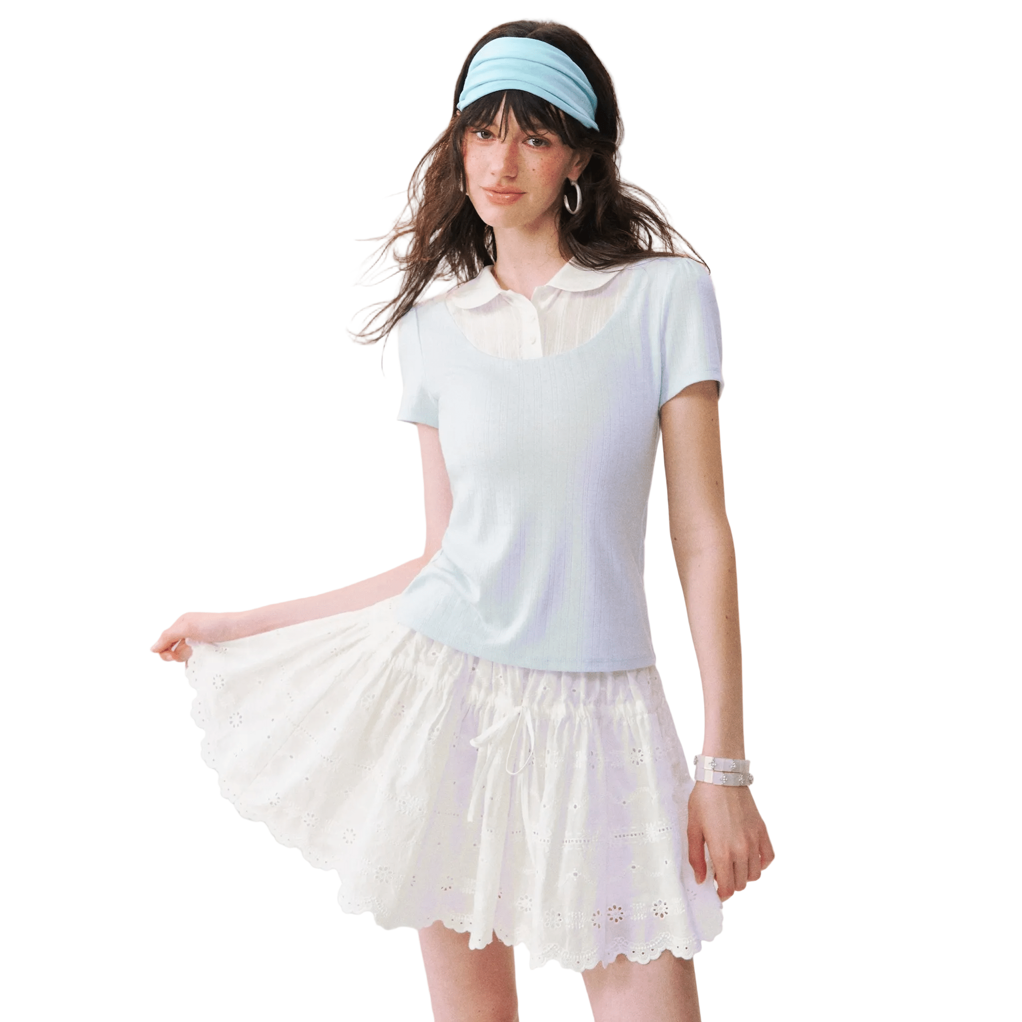 SOMESOWE Blue and White Faux Two-piece Peter Pan Collar Short-sleeved T-shirt | MADAX