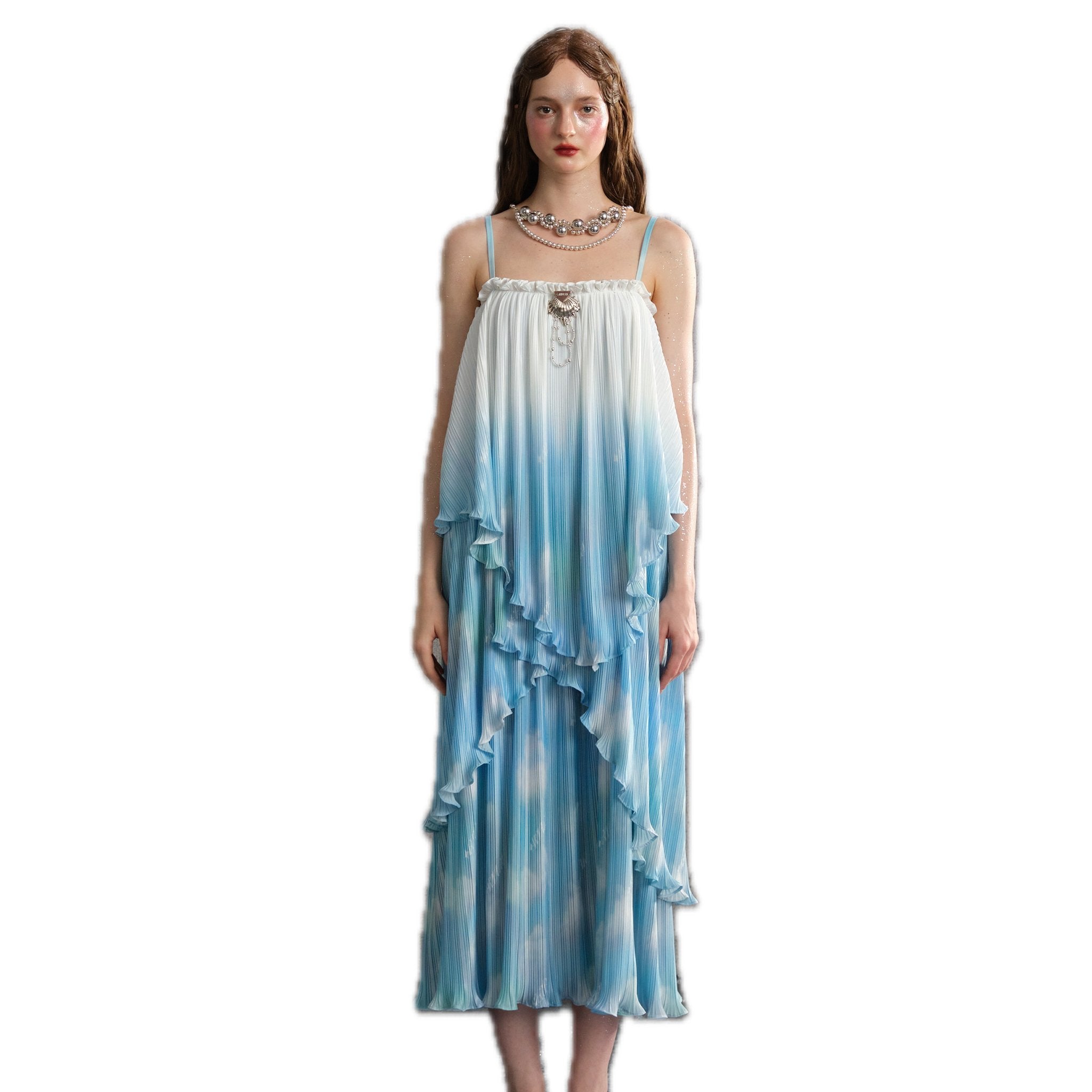 ARTE PURA Blue and White Gradient Print Halter Dress | MADA IN CHINA