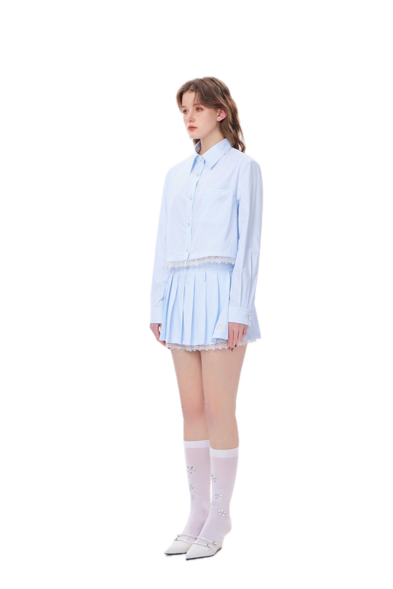 THREE QUARTERS Blue And White Striped Lace Trimmed Pleated Skirt | MADA IN CHINA