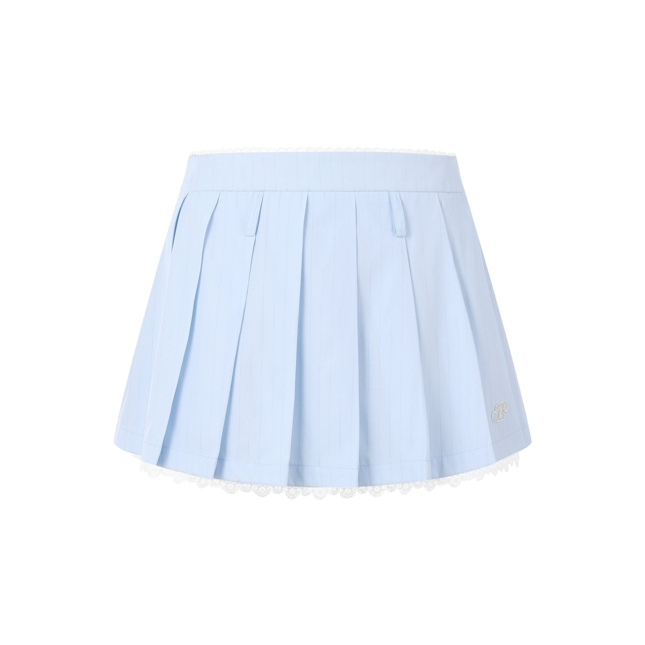 THREE QUARTERS Blue And White Striped Lace Trimmed Pleated Skirt | MADA IN CHINA