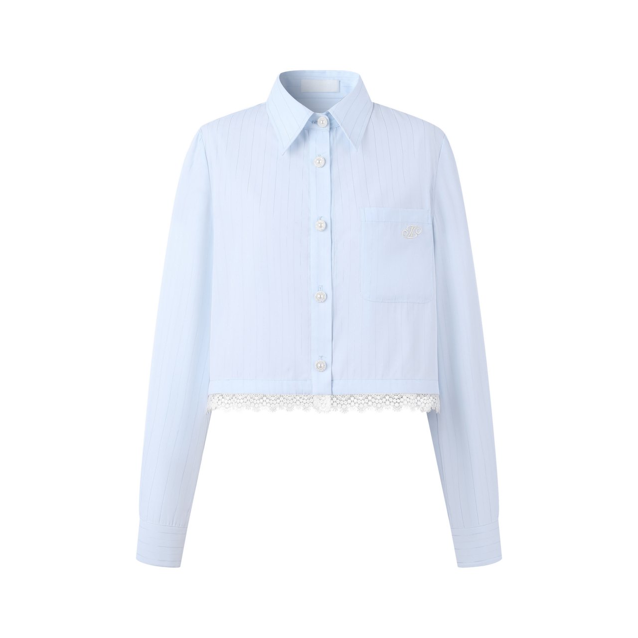 THREE QUARTERS Blue And White Striped Short Stereo Embroidered Lace Trim Shirt | MADA IN CHINA