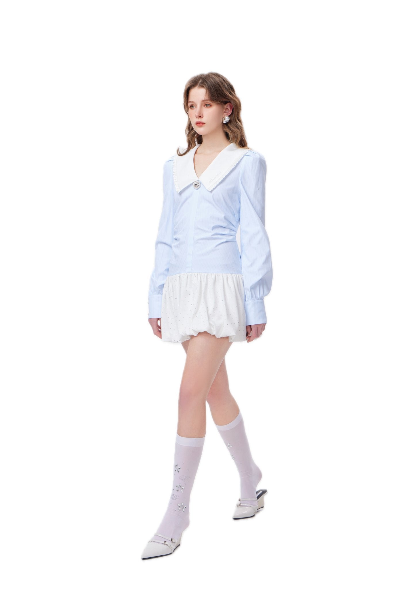 THREE QUARTERS Blue And White Striped Spliced Drilling Shirt Dress | MADA IN CHINA