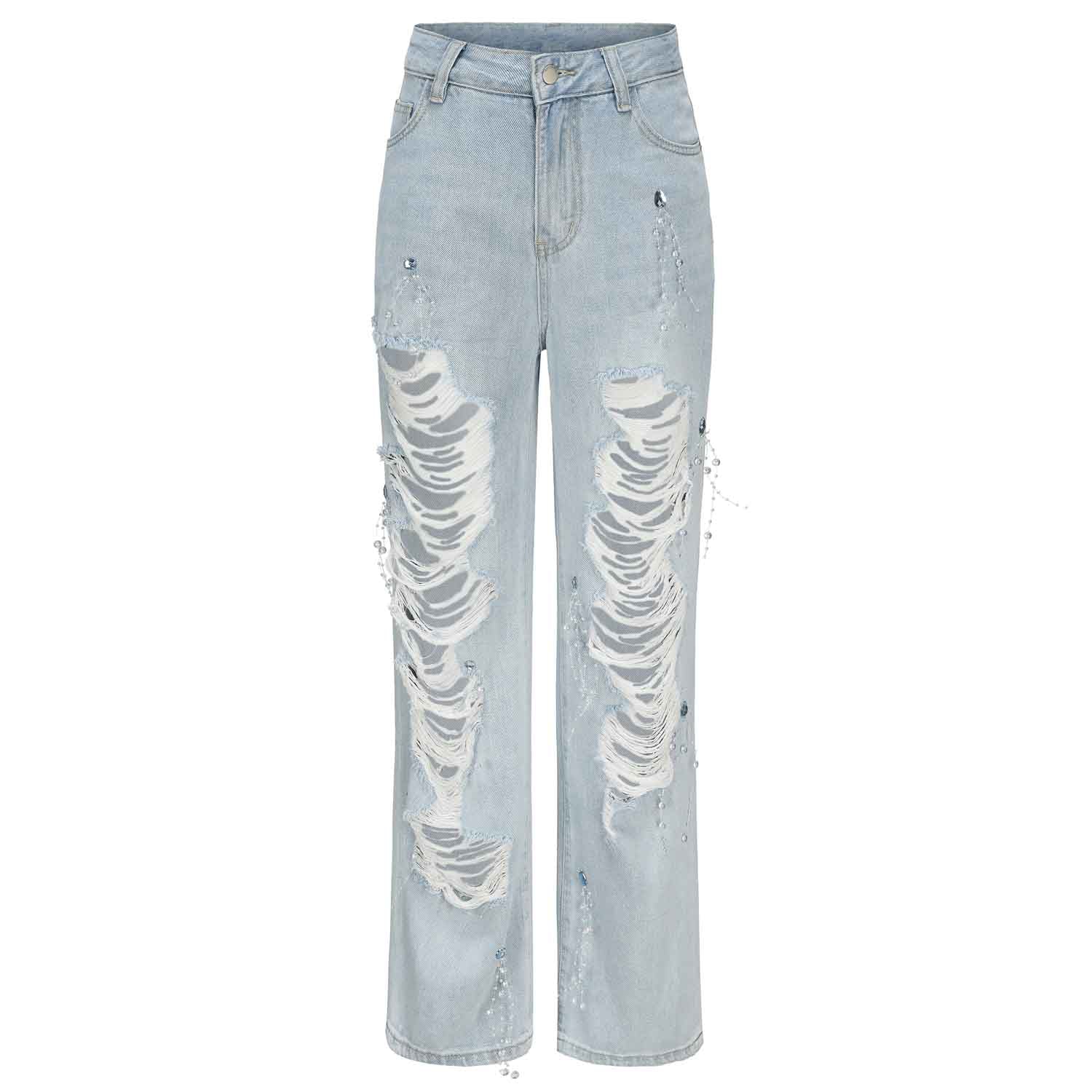 ARTE PURA Blue Beaded Ripped Jeans | MADA IN CHINA