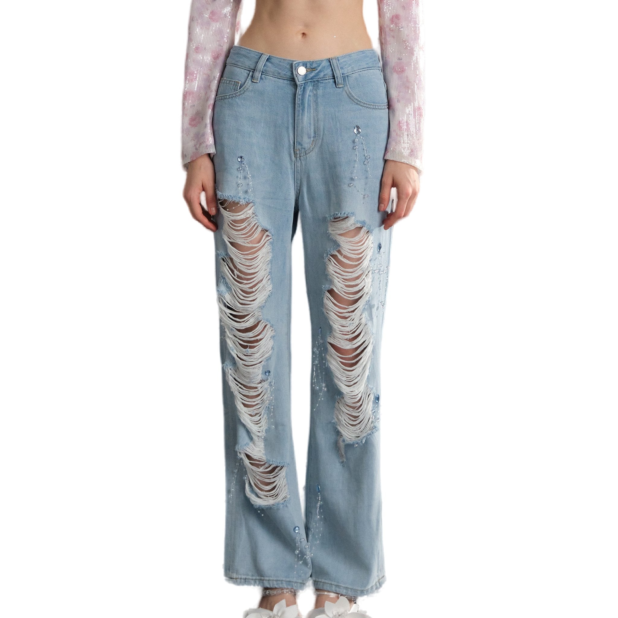 ARTE PURA Blue Beaded Ripped Jeans | MADA IN CHINA