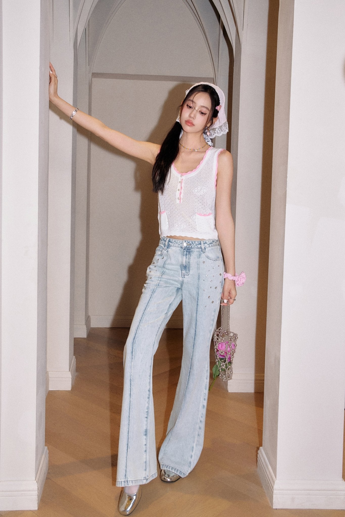 THREE QUARTERS Blue Blush Denim Flared Pants | MADA IN CHINA