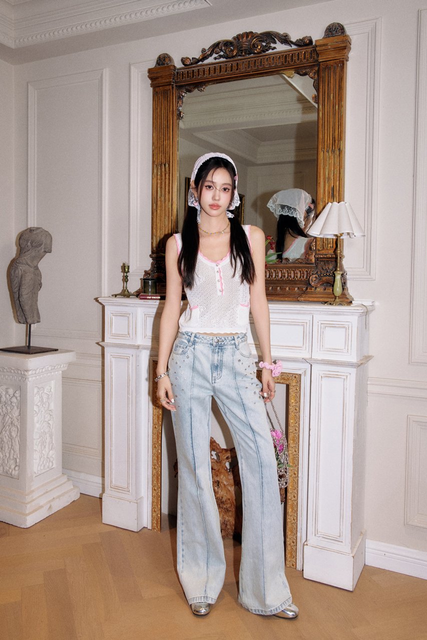 THREE QUARTERS Blue Blush Denim Flared Pants | MADA IN CHINA