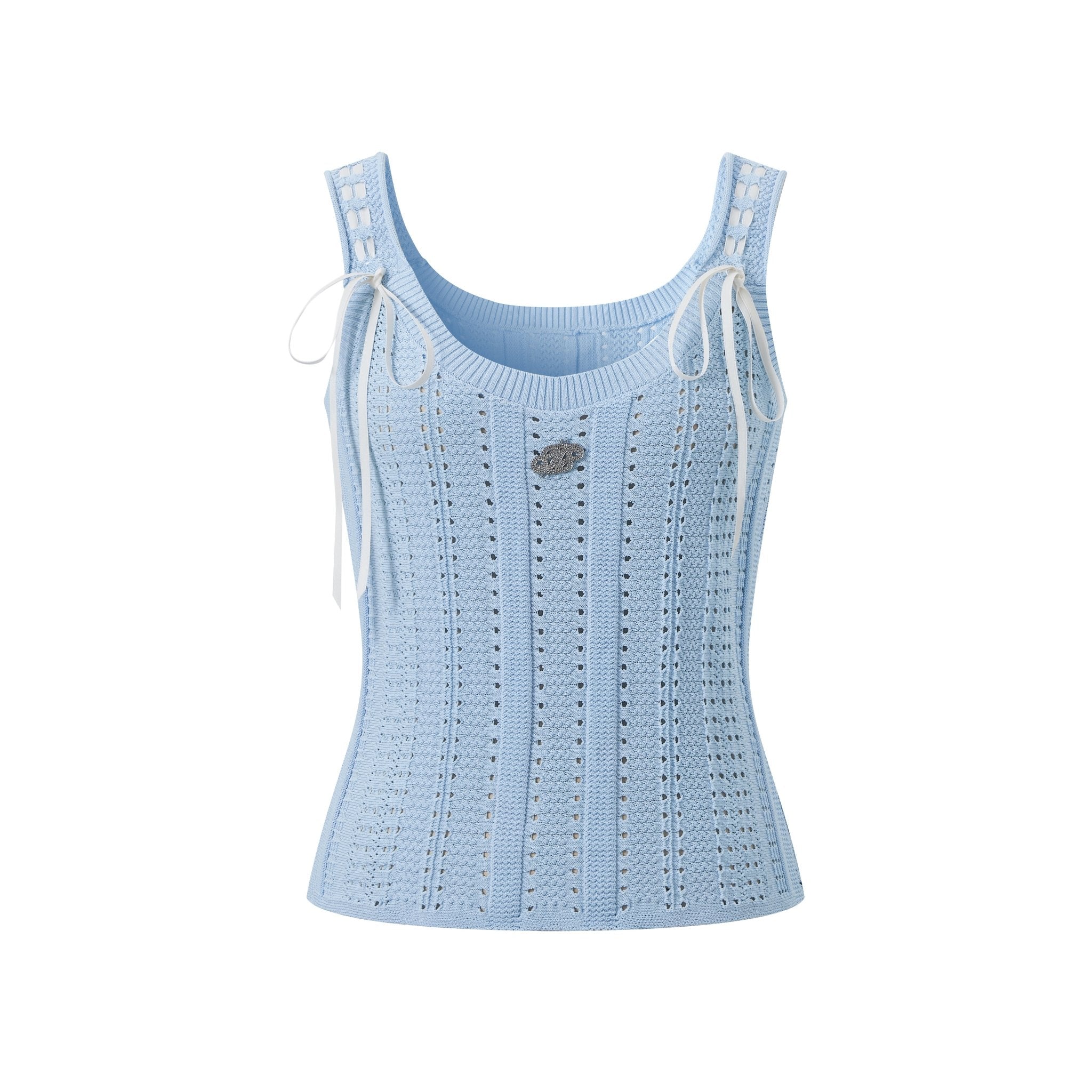 THREE QUARTERS Blue Bow Cutout Knitted Vest | MADA IN CHINA