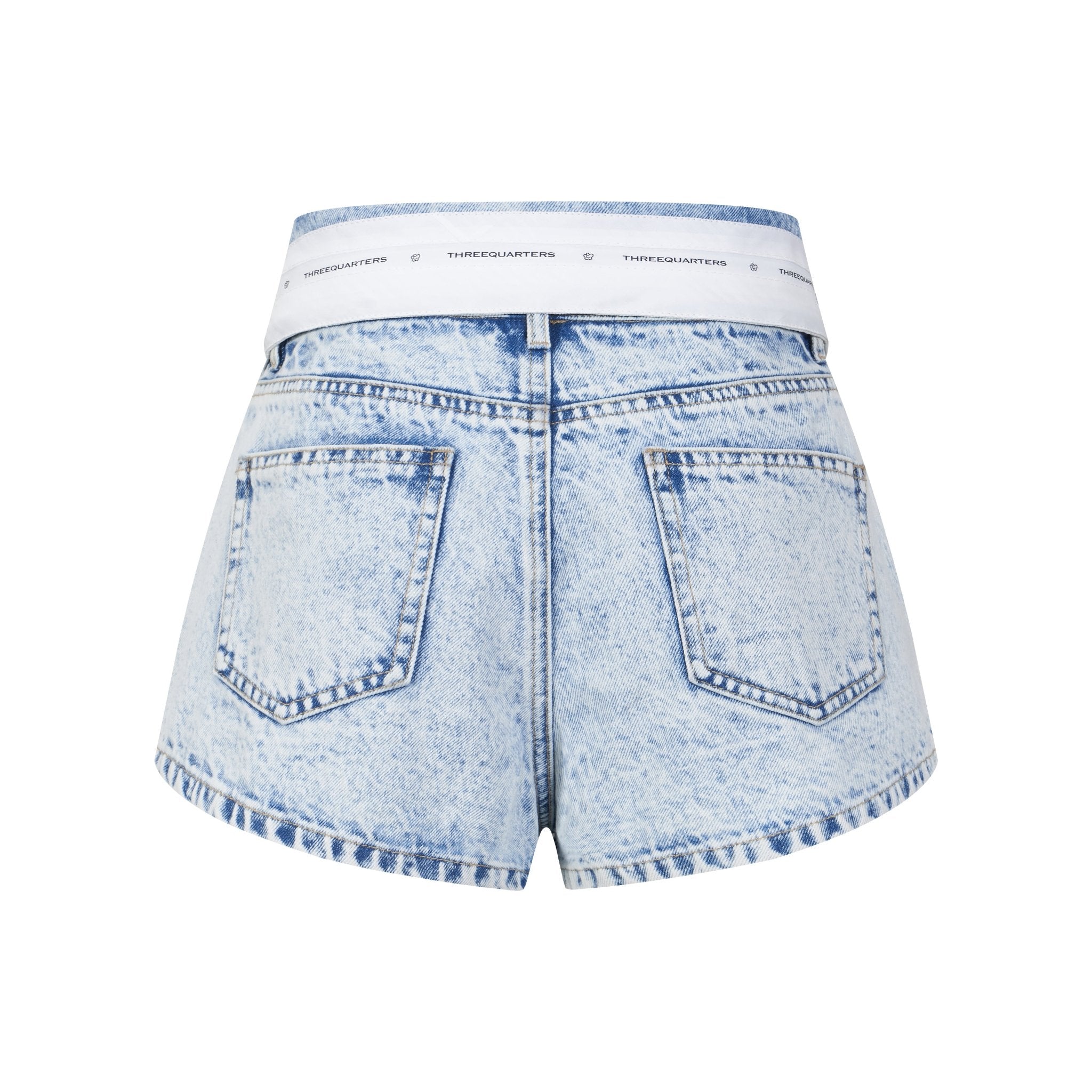 THREE QUARTERS Blue Custom Webbing Flip Front Denim Shorts | MADA IN CHINA