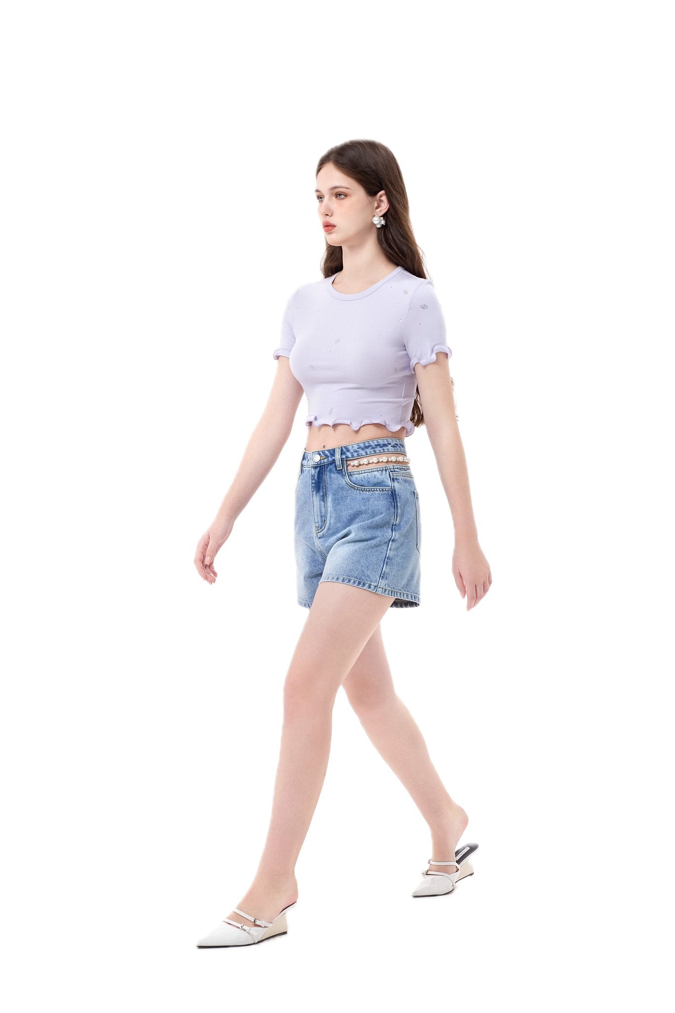 THREE QUARTERS Blue Cutout Pearl Chain Denim Shorts | MADA IN CHINA