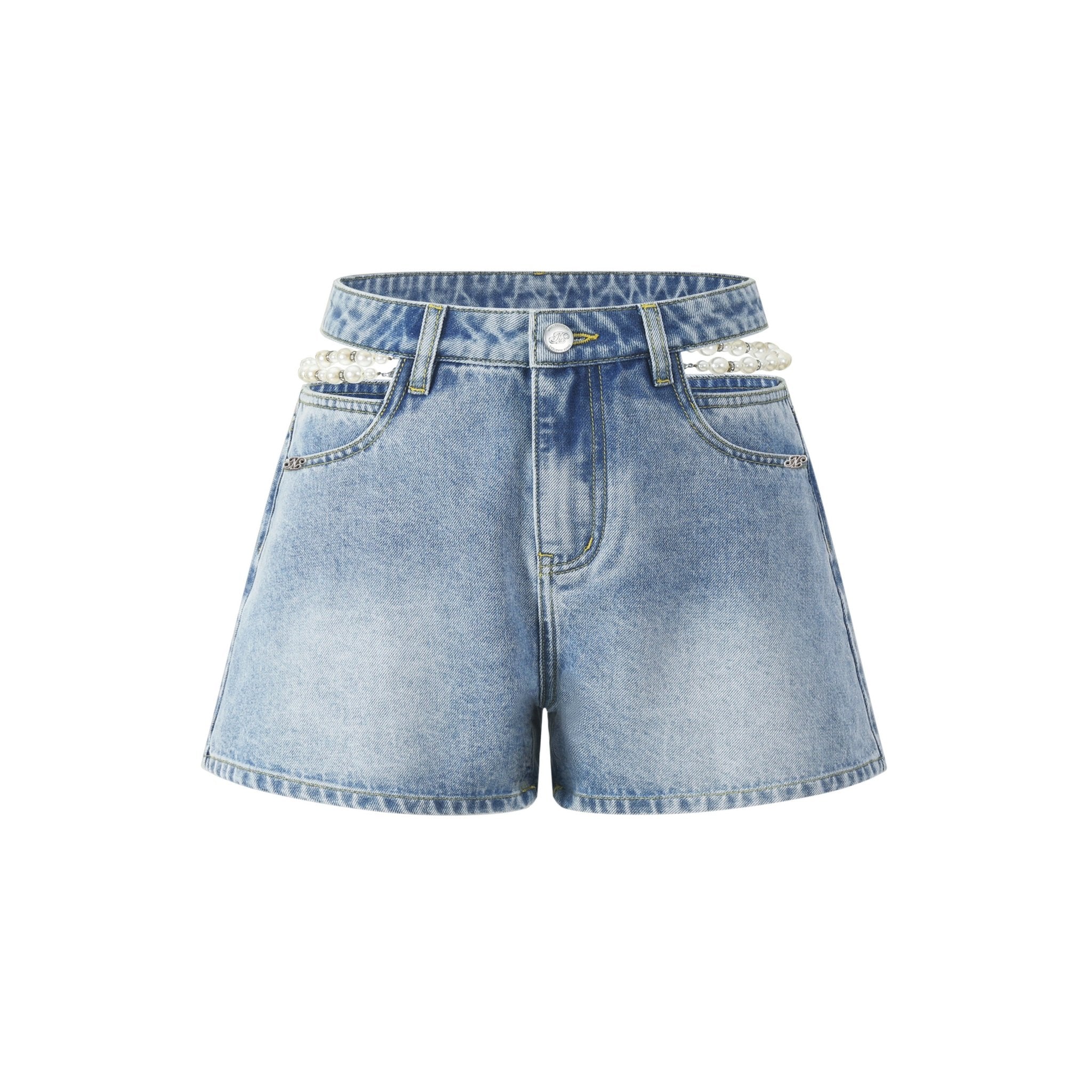 THREE QUARTERS Blue Cutout Pearl Chain Denim Shorts | MADA IN CHINA