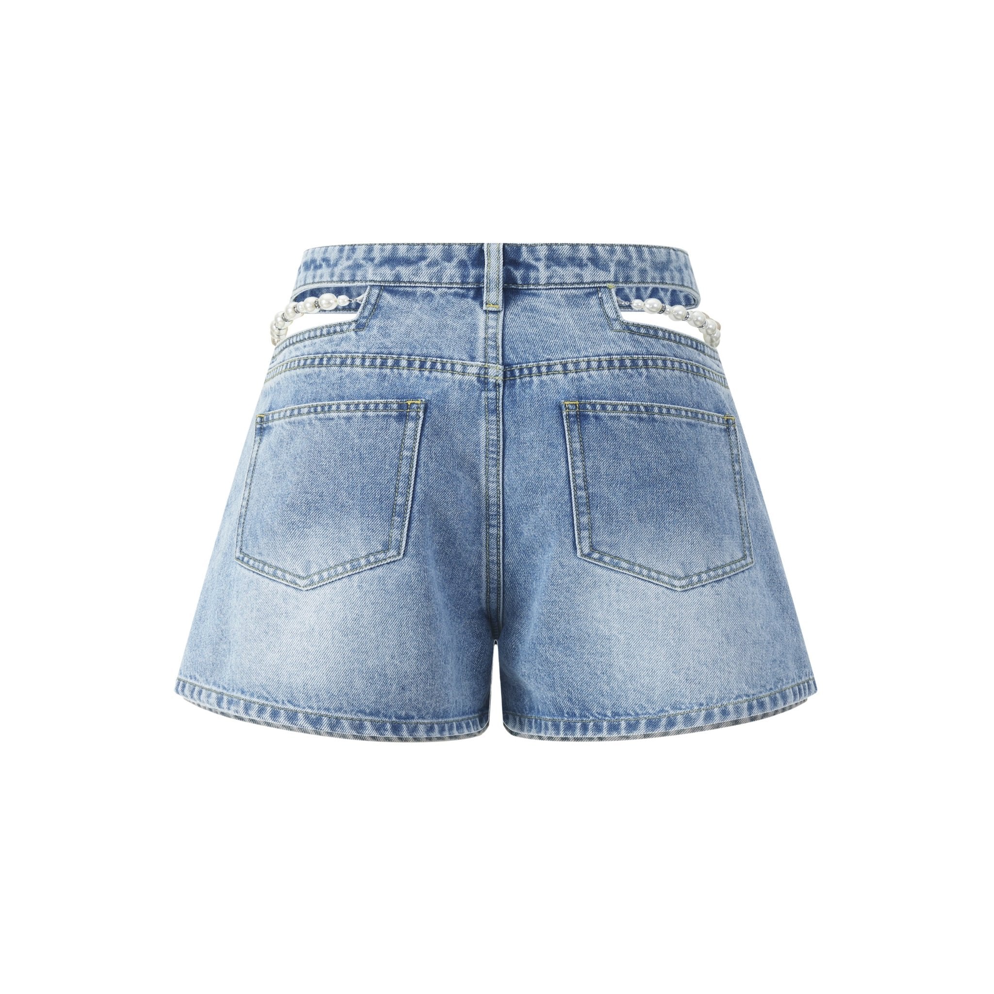 THREE QUARTERS Blue Cutout Pearl Chain Denim Shorts | MADA IN CHINA