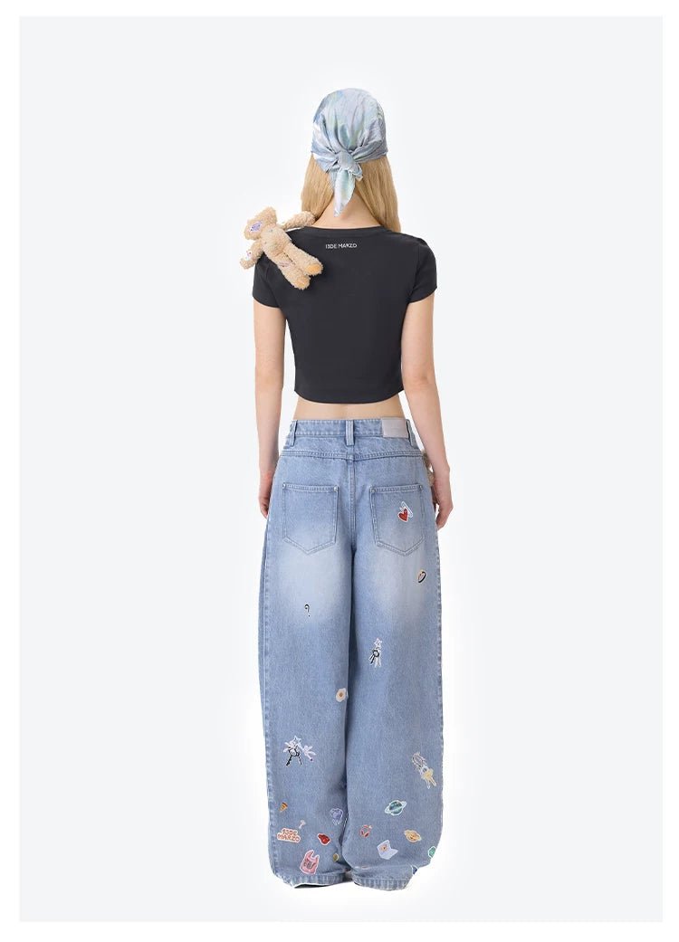 13DE MARZO Blue Denim Sticker Bear Jeans | MADAX