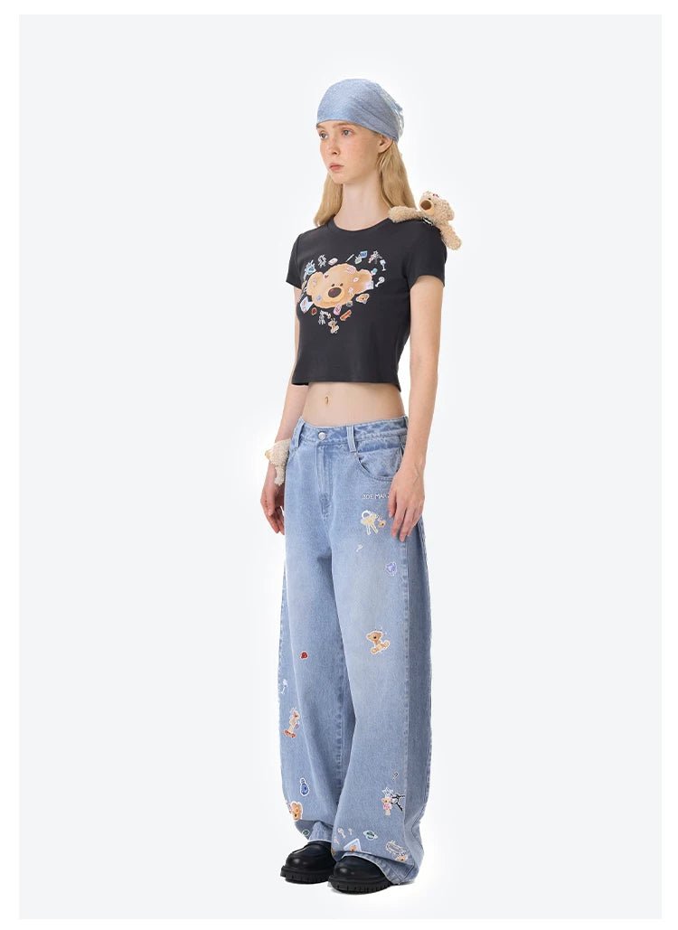 13DE MARZO Blue Denim Sticker Bear Jeans | MADAX