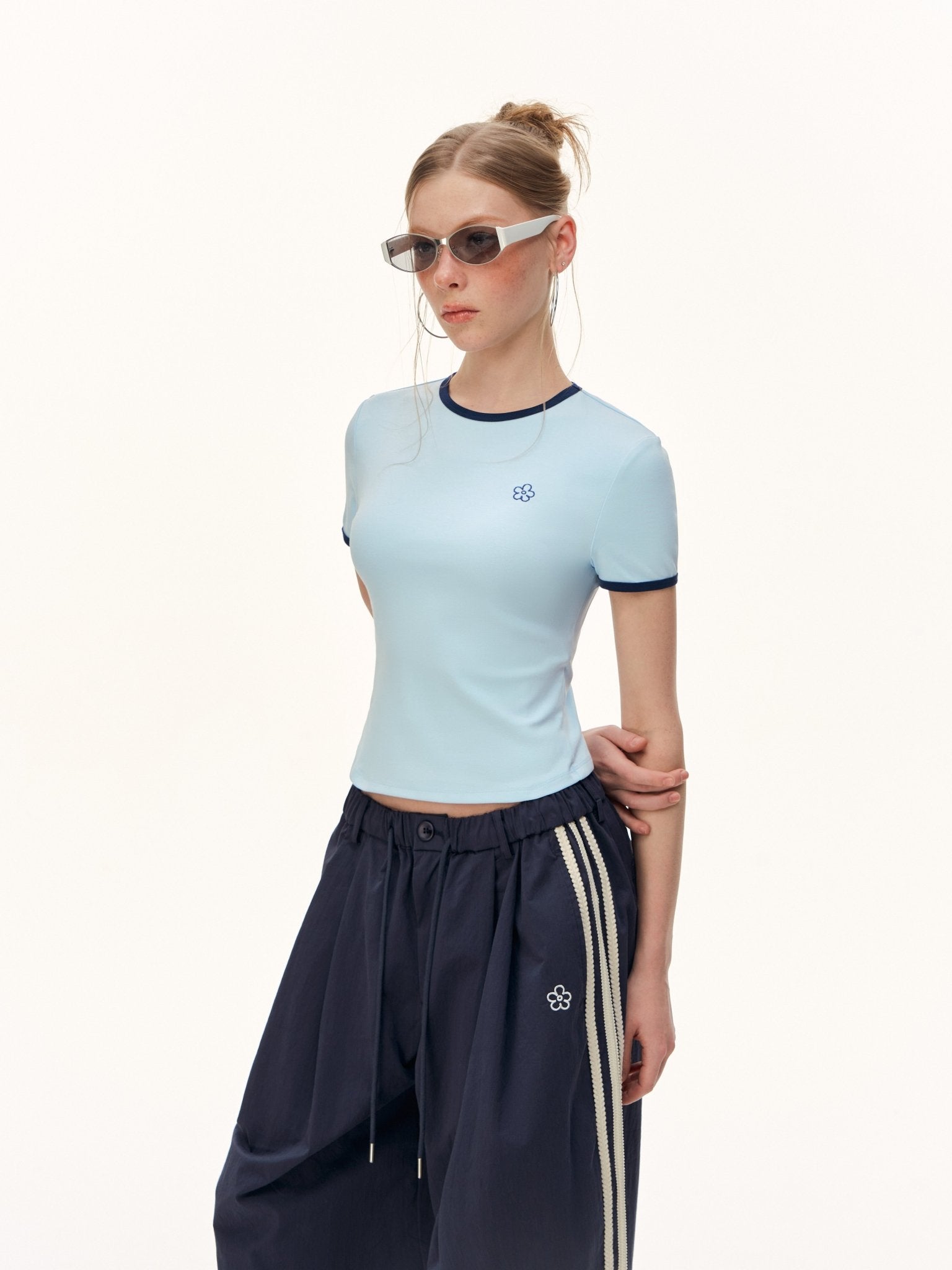 CLIMAX VISION Blue Floral Embroidered Short - Sleeve T-Shirt | MADAX