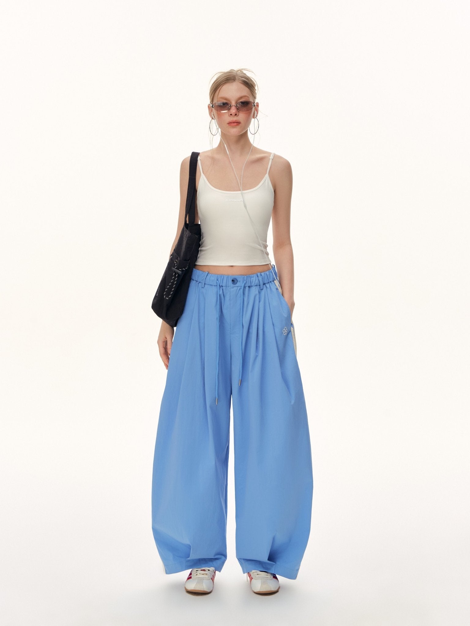 CLIMAX VISION Blue Floral Embroidered Side Striped Wide - Leg Pants | MADAX