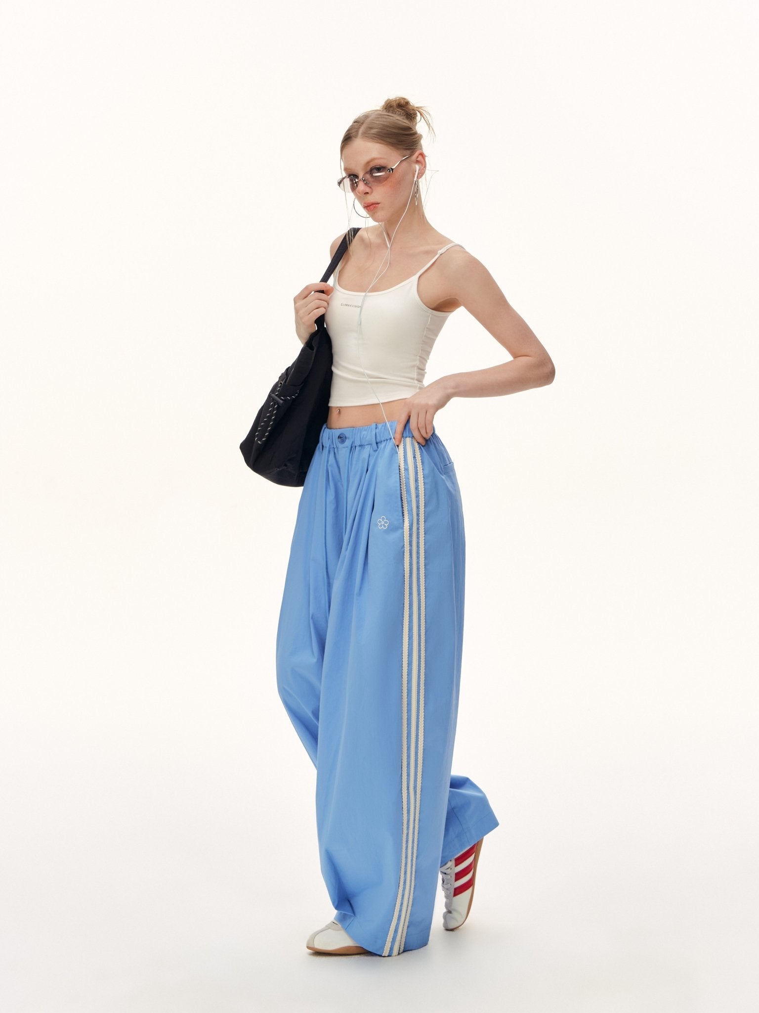 CLIMAX VISION Blue Floral Embroidered Side Striped Wide - Leg Pants | MADAX
