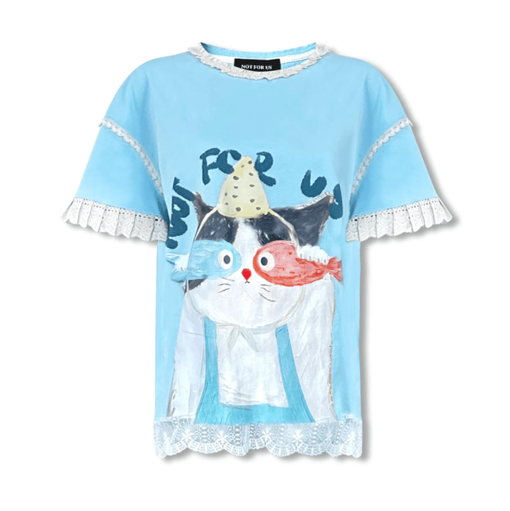 NOT FOR US Blue Lace Cat and Fish Print Short Sleeves in Blue | MADAX