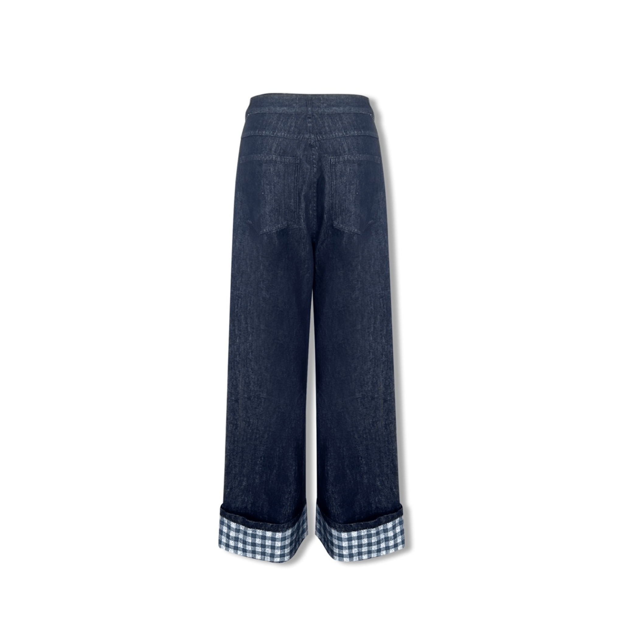 AIMME SPARROW Blue Plaid Patchwork Denim Wide - leg Pants | MADAX