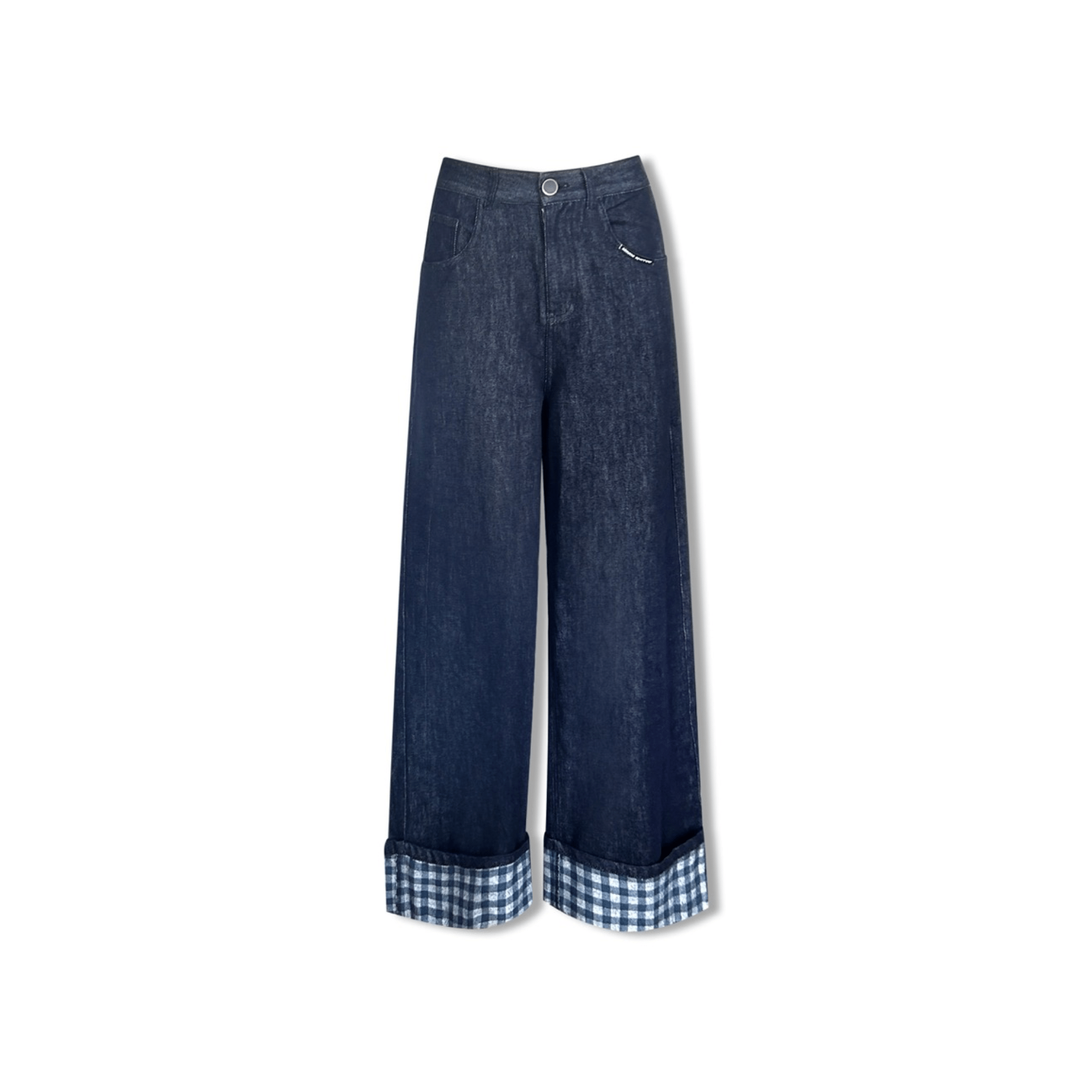 AIMME SPARROW Blue Plaid Patchwork Denim Wide - leg Pants | MADAX