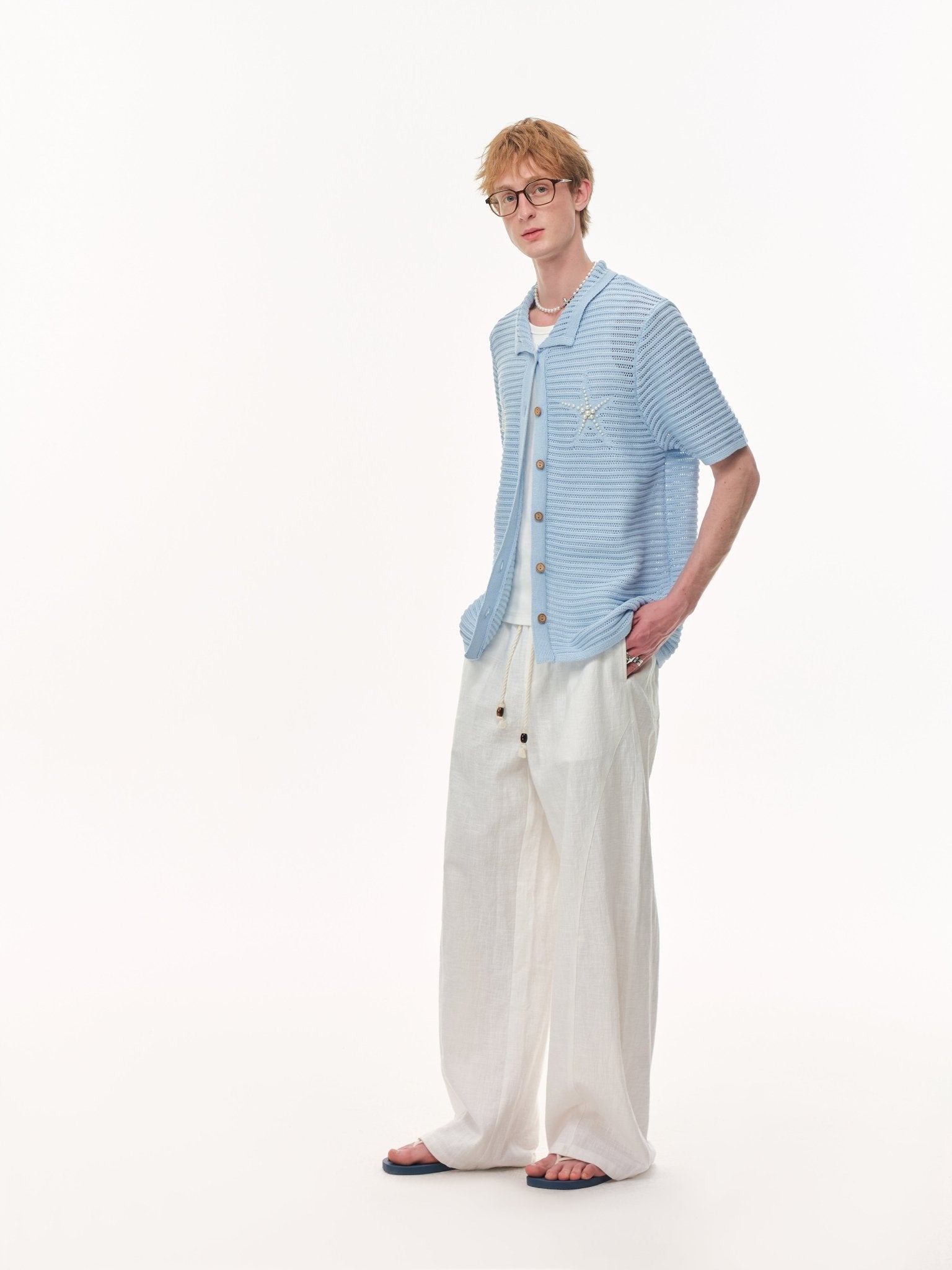 CLIMAX VISION Blue Resort Seashell Beaded Hollow - Out Shirt | MADAX
