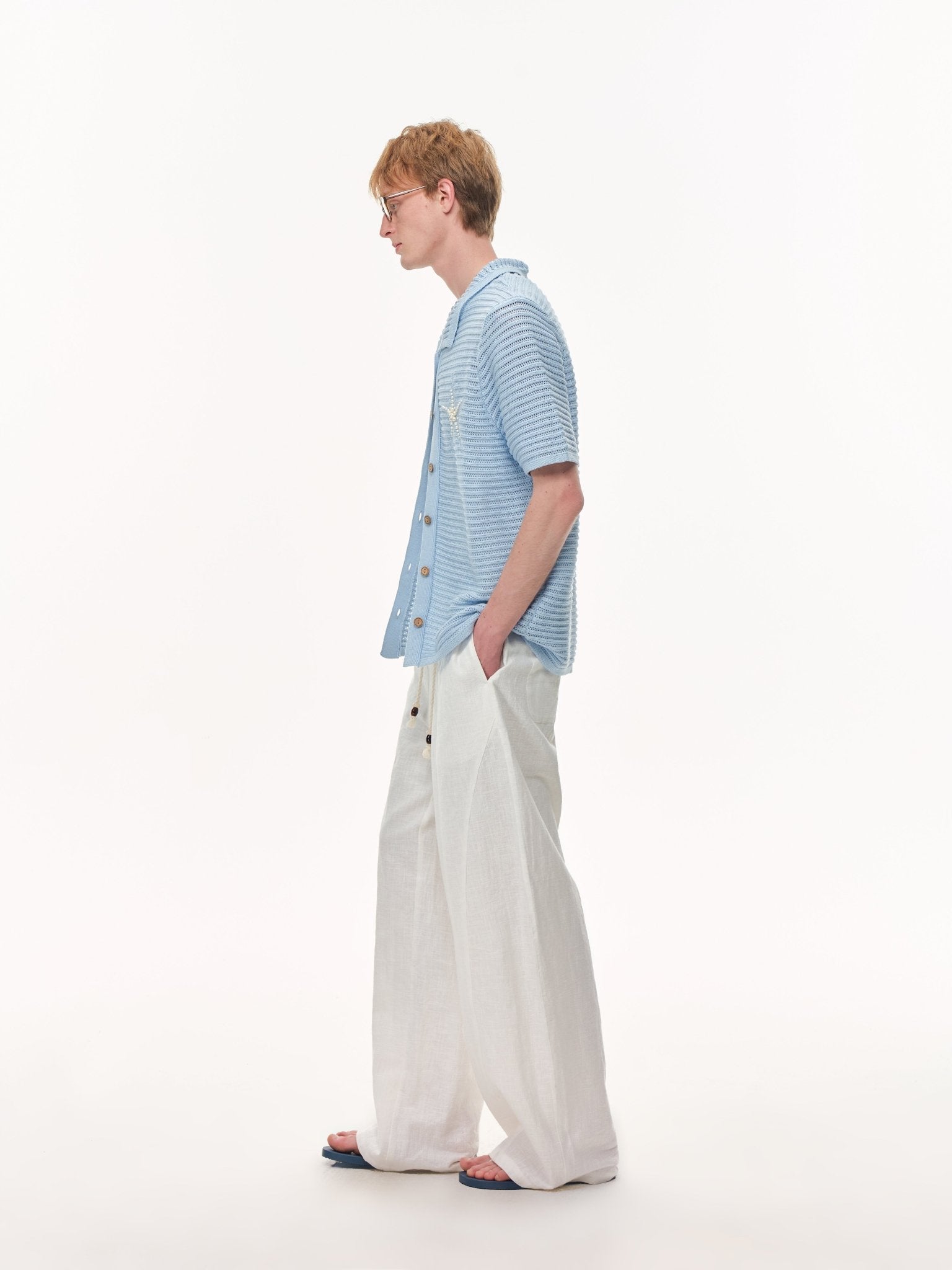 CLIMAX VISION Blue Resort Seashell Beaded Hollow - Out Shirt | MADAX