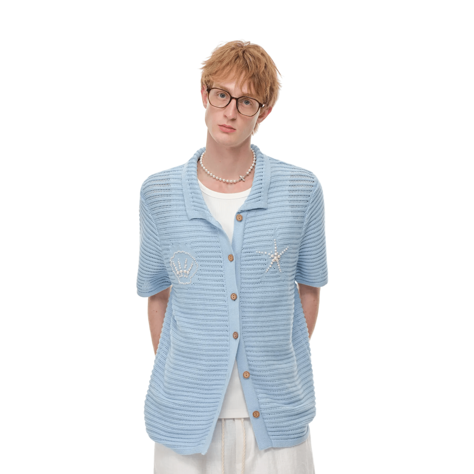 CLIMAX VISION Blue Resort Seashell Beaded Hollow - Out Shirt | MADAX