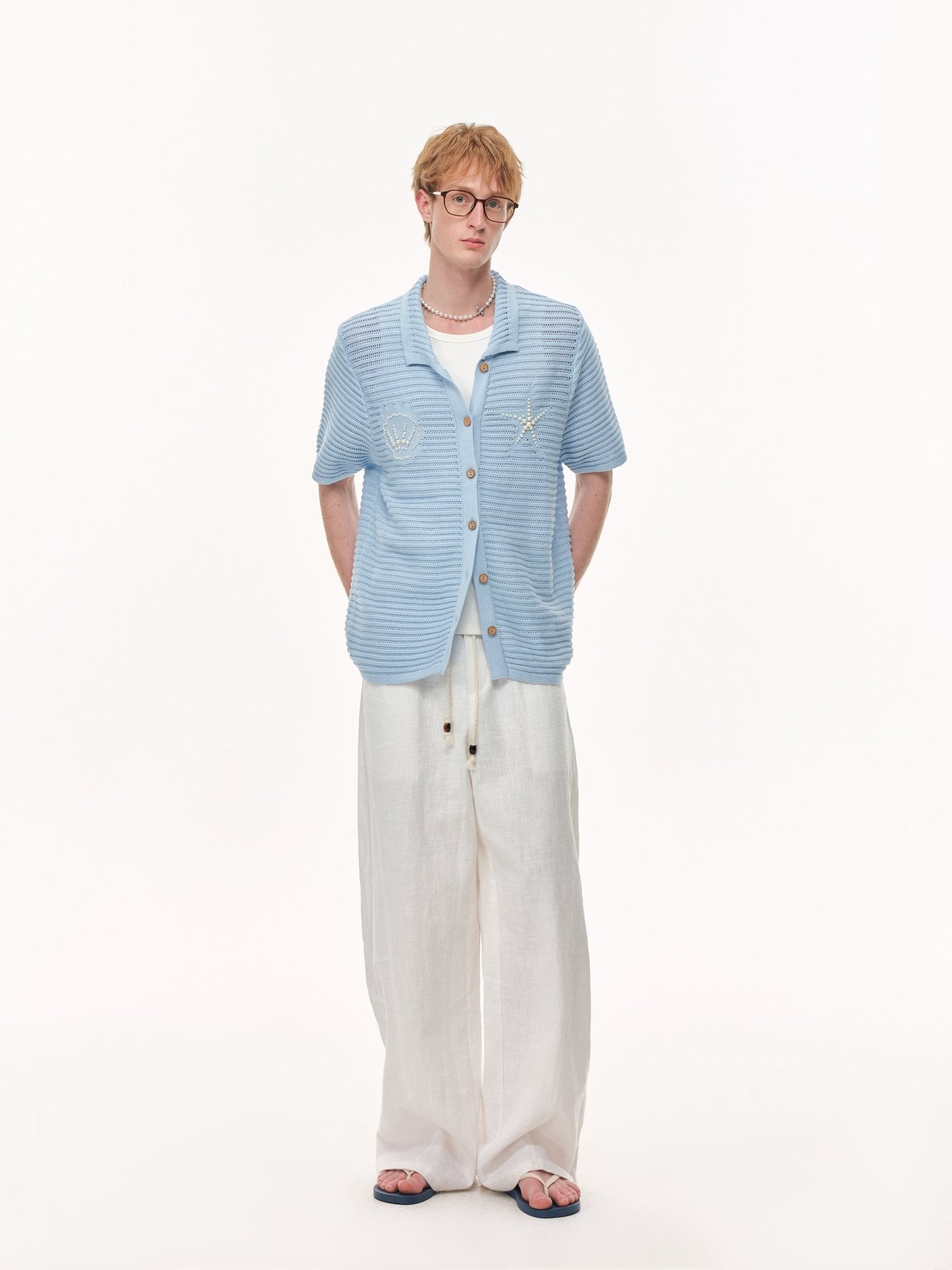CLIMAX VISION Blue Resort Seashell Beaded Hollow - Out Shirt | MADAX
