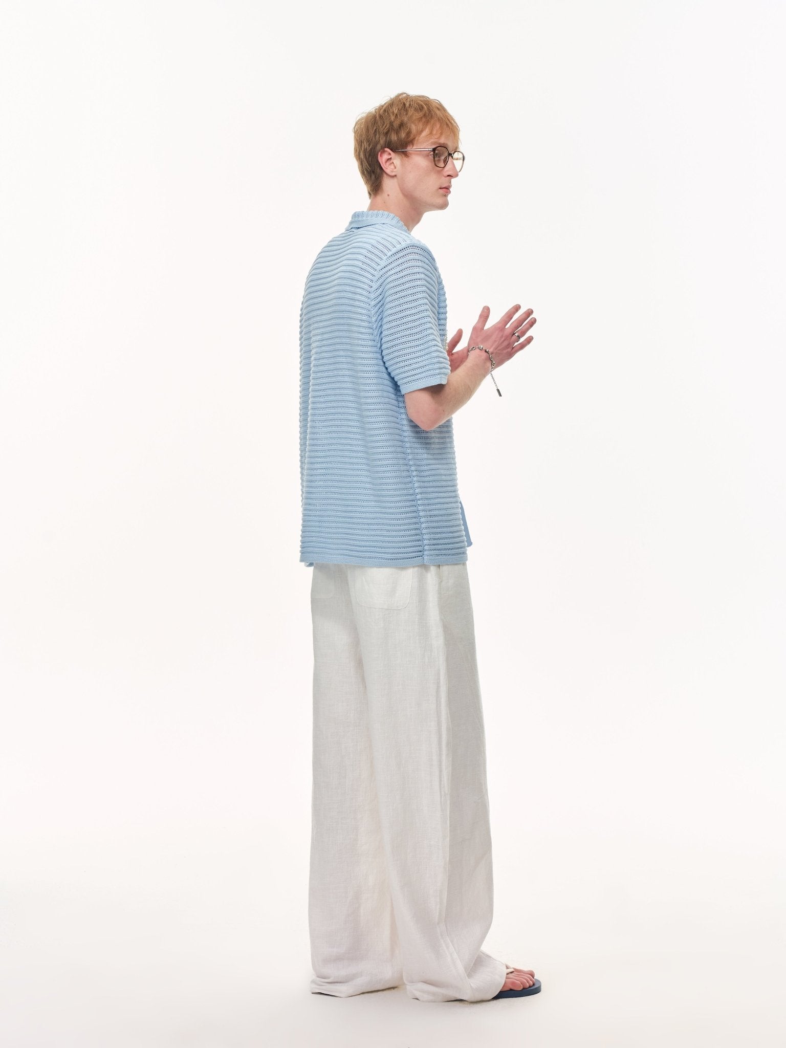 CLIMAX VISION Blue Resort Seashell Beaded Hollow - Out Shirt | MADAX