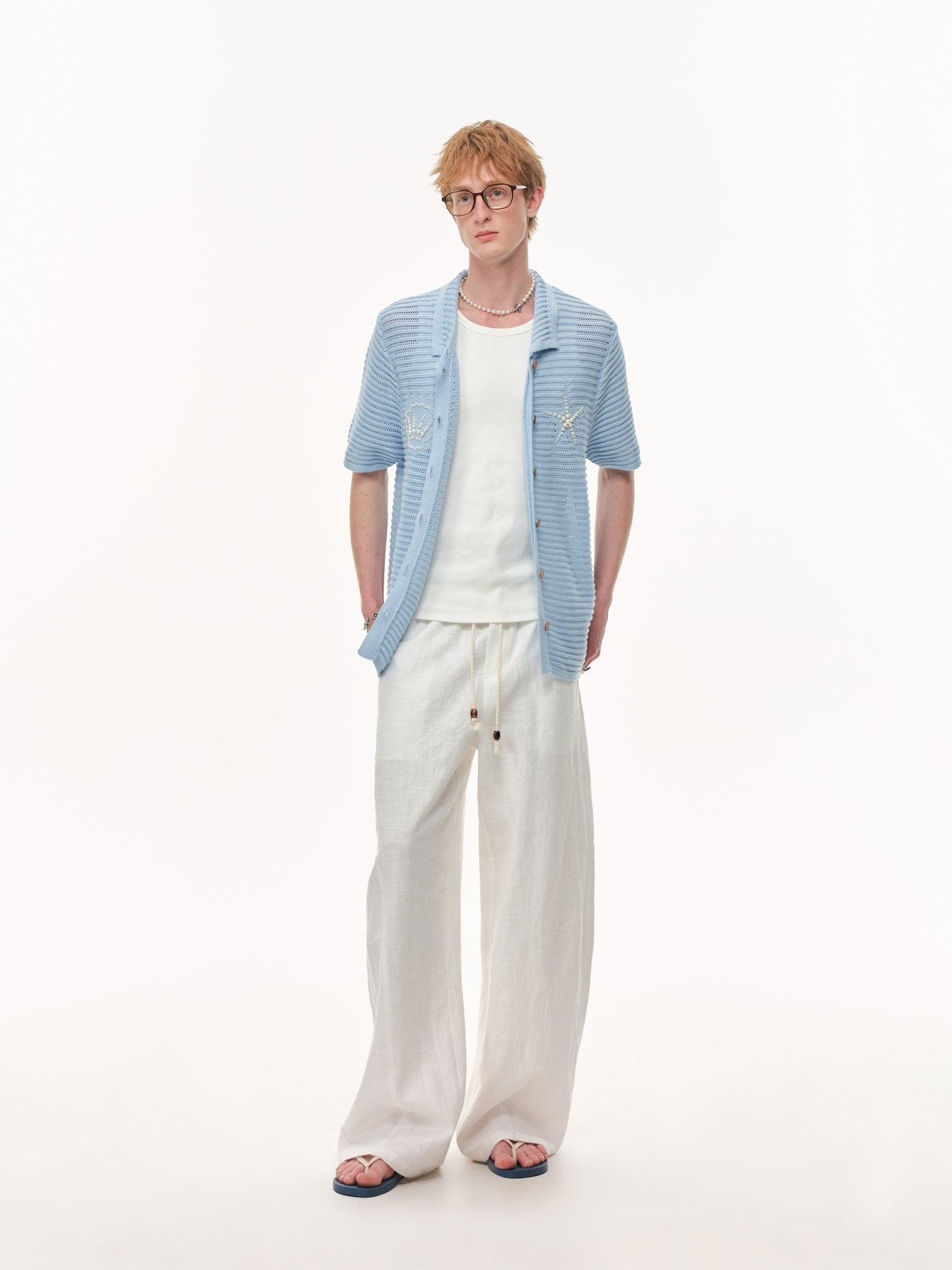 CLIMAX VISION Blue Resort Seashell Beaded Hollow - Out Shirt | MADAX