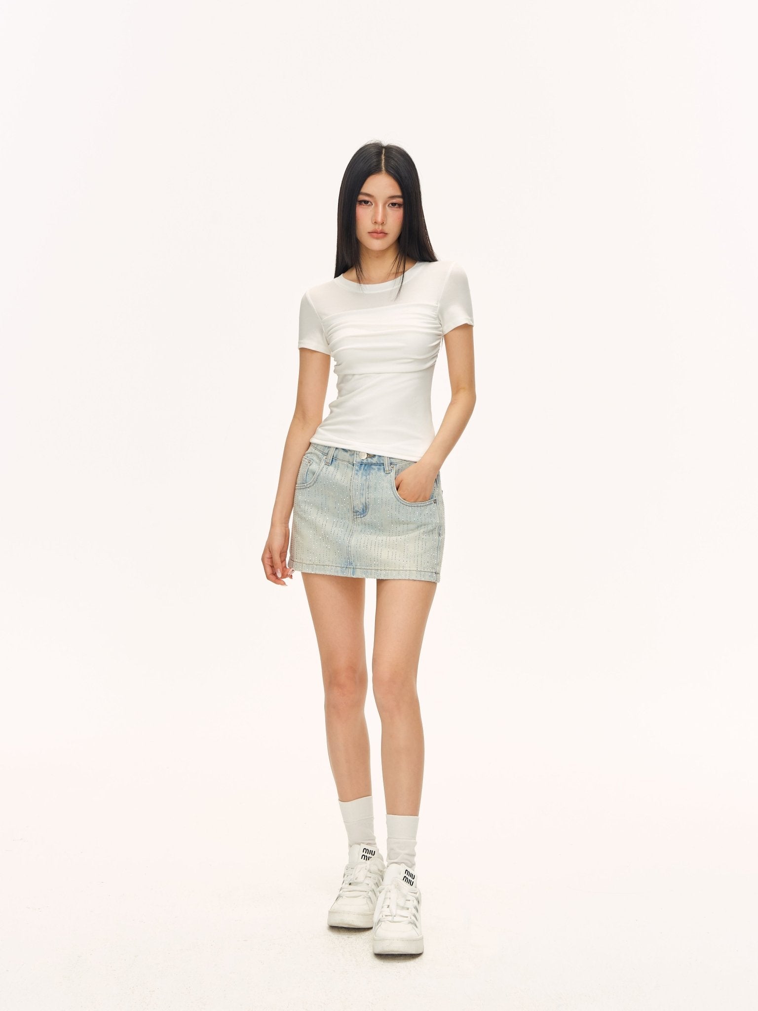 CLIMAX VISION Blue Rhinestone - Studded Denim Mini Skirt | MADAX