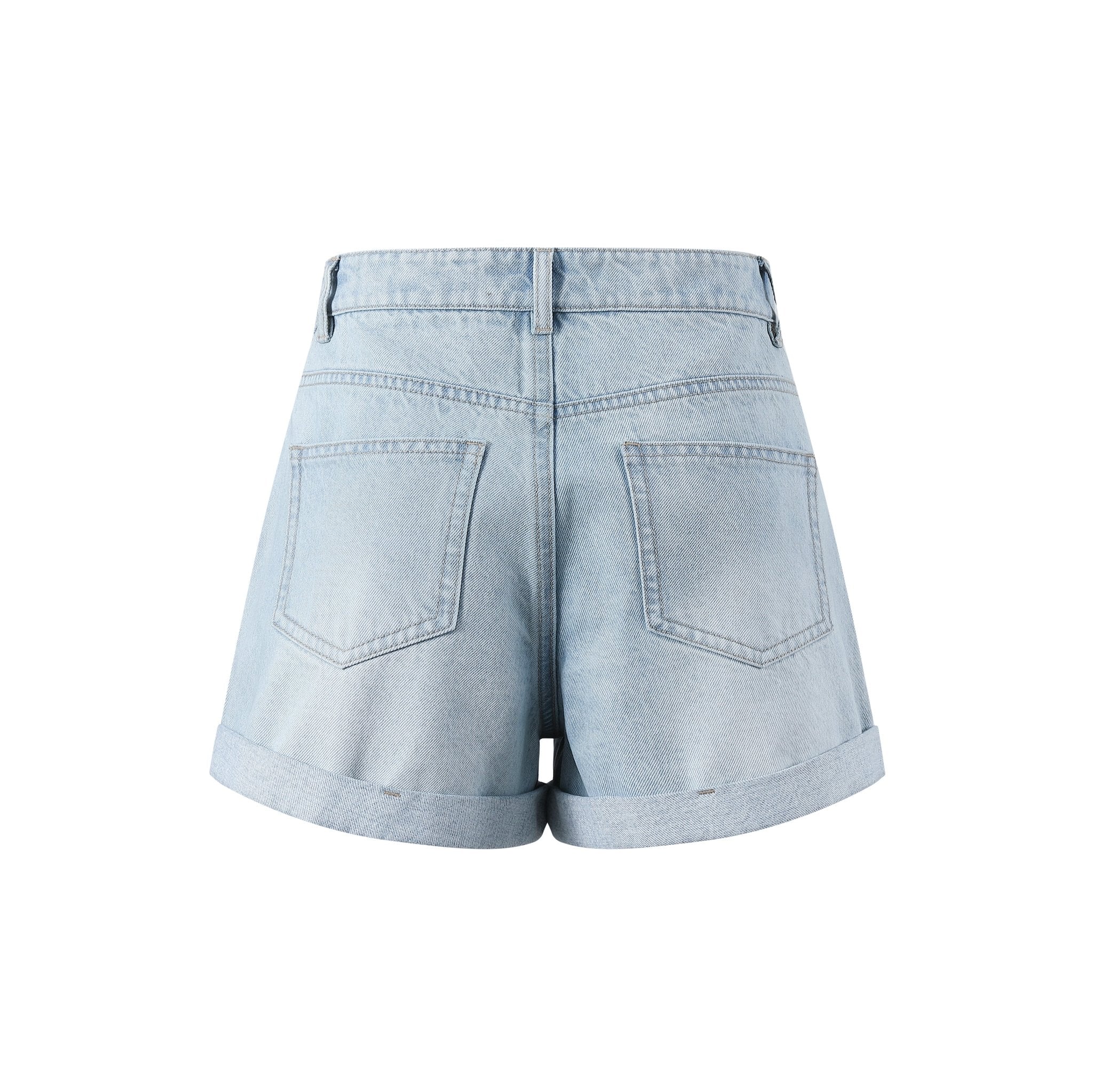 THREE QUARTERS Blue Ripped Colored Studded Denim Shorts | MADA IN CHINA