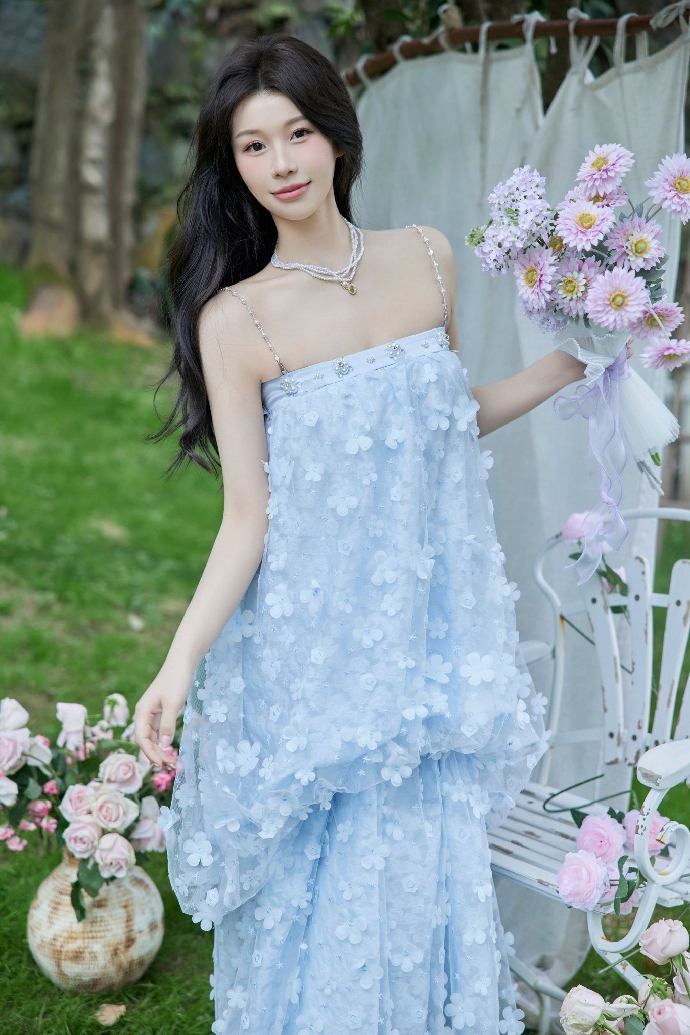 THREE QUARTERS Blue Shearling Hand - Sewn Pearl Floral Sheath Dress | MADA IN CHINA