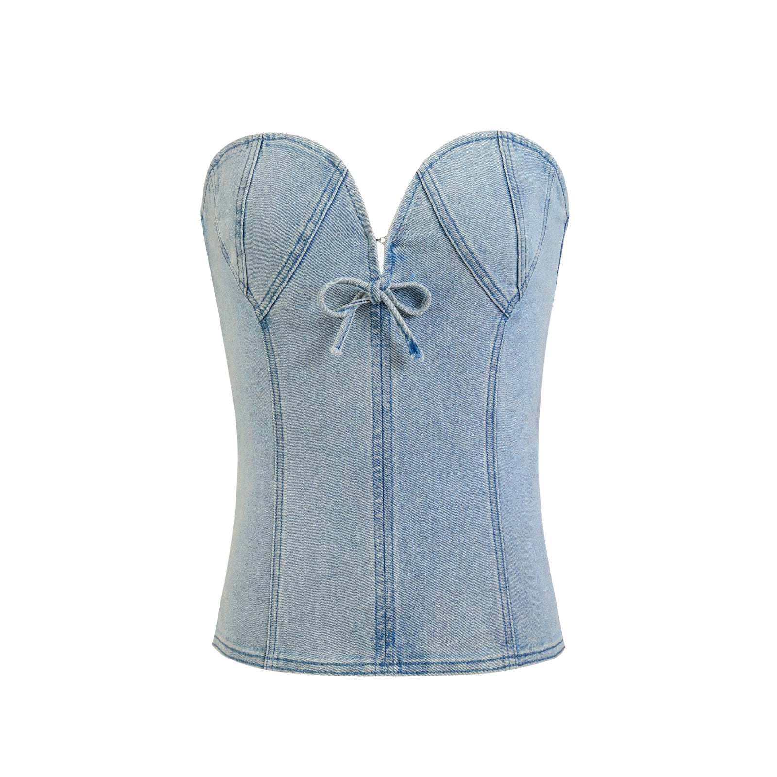 THREE QUARTERS Blue Split Bow Embellished Denim Plunge | MADA IN CHINA