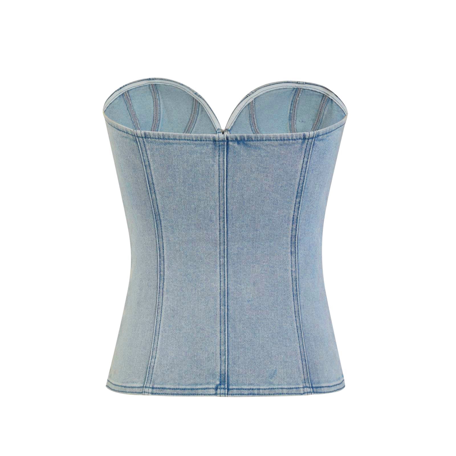 THREE QUARTERS Blue Split Bow Embellished Denim Plunge | MADA IN CHINA