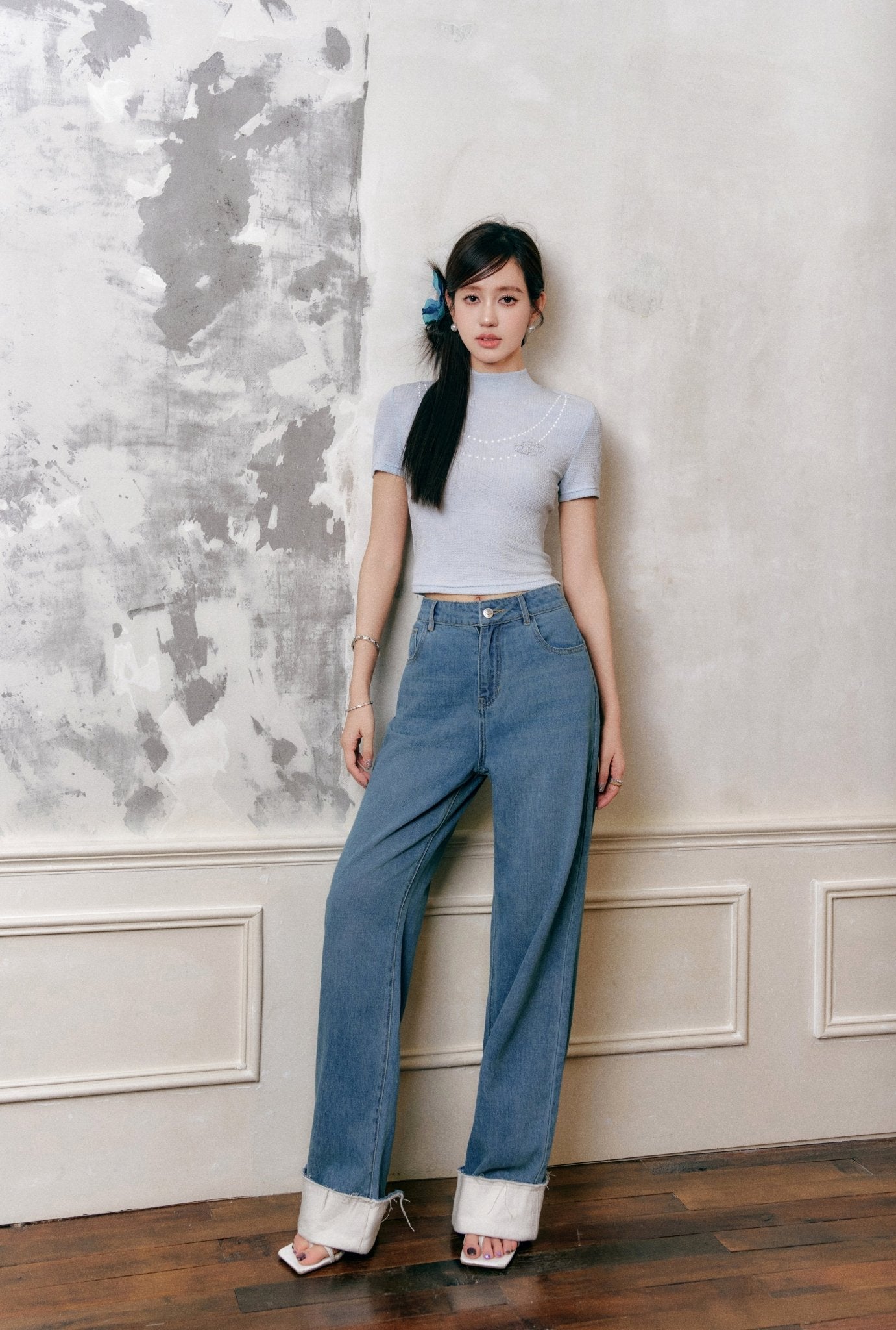 THREE QUARTERS Blue Washed Colorblocked Straight Leg Jeans | MADA IN CHINA