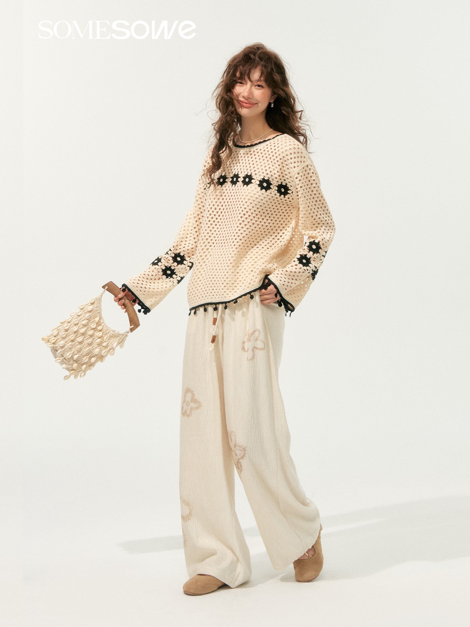 SOMESOWE Bohemian Style Hollow Crew Neck Sweater In Beige | MADAX