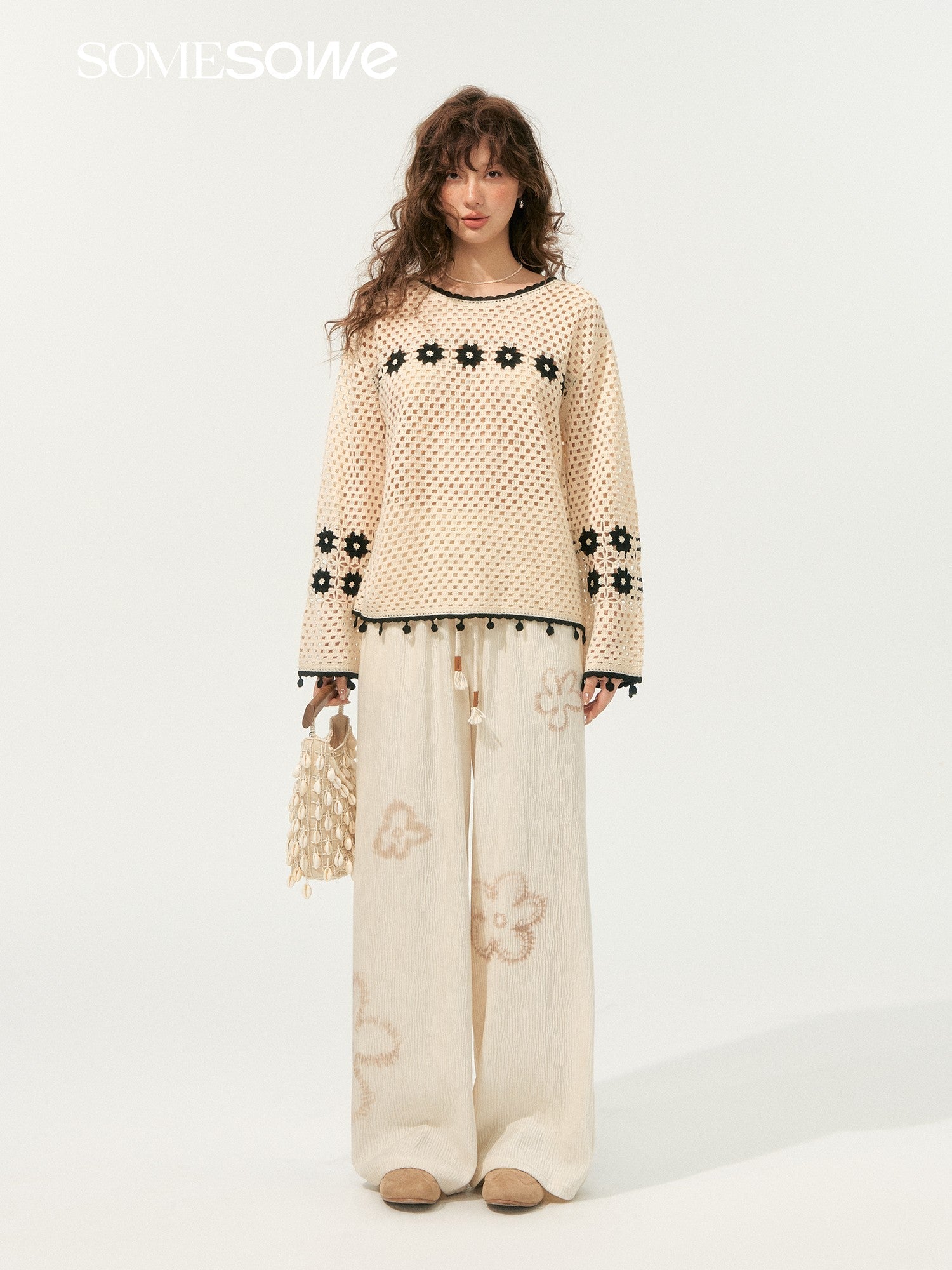 SOMESOWE Bohemian Style Hollow Crew Neck Sweater In Beige | MADAX
