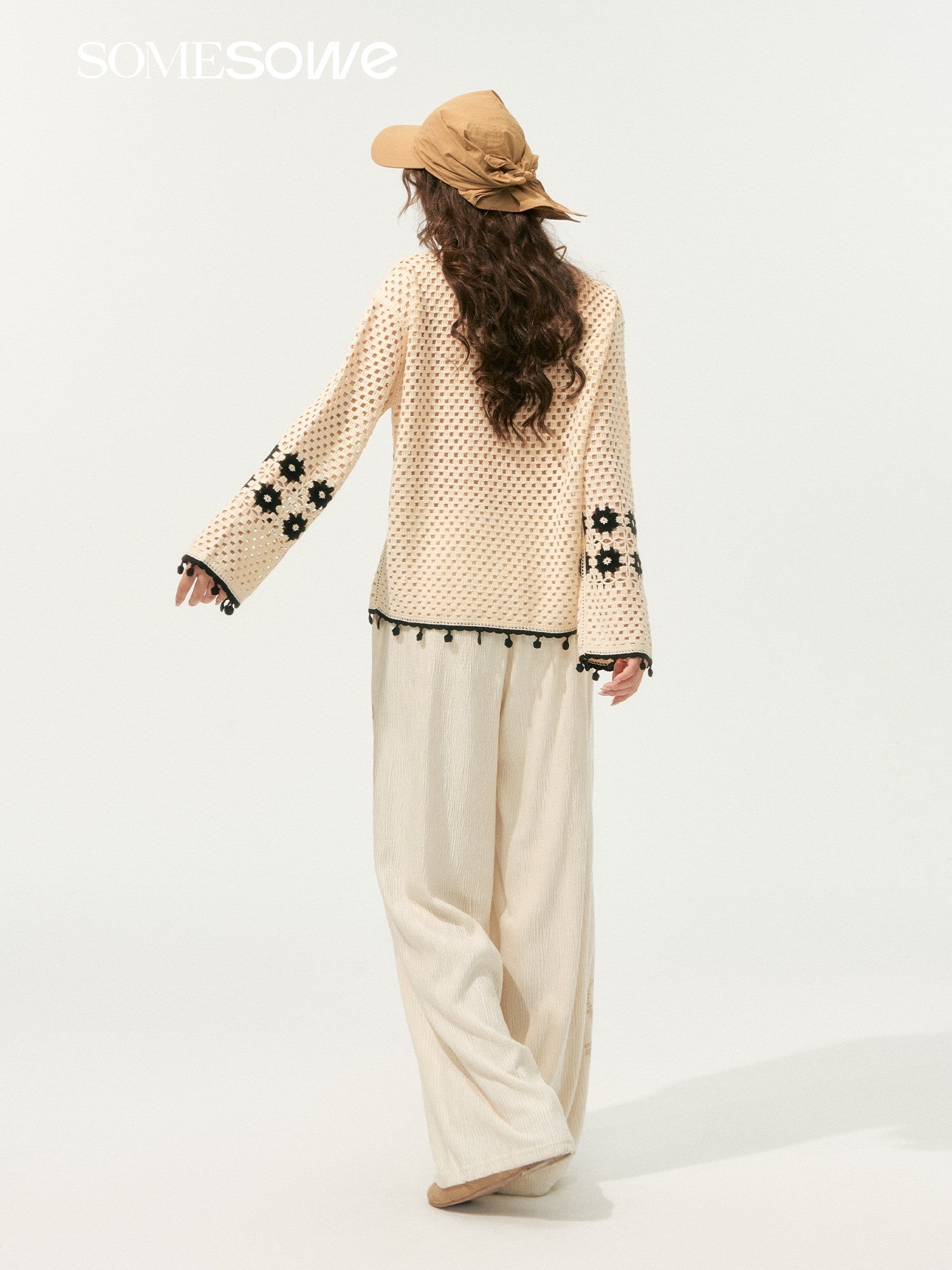 SOMESOWE Bohemian Style Hollow Crew Neck Sweater In Beige | MADAX