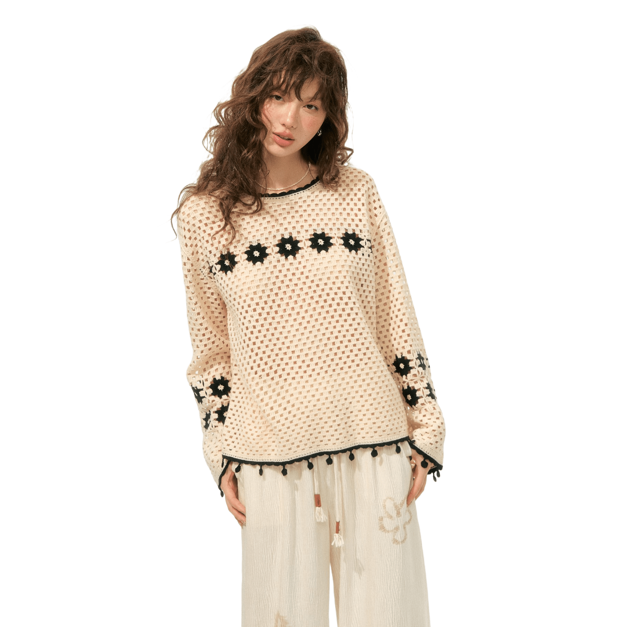 SOMESOWE Bohemian Style Hollow Crew Neck Sweater In Beige | MADAX