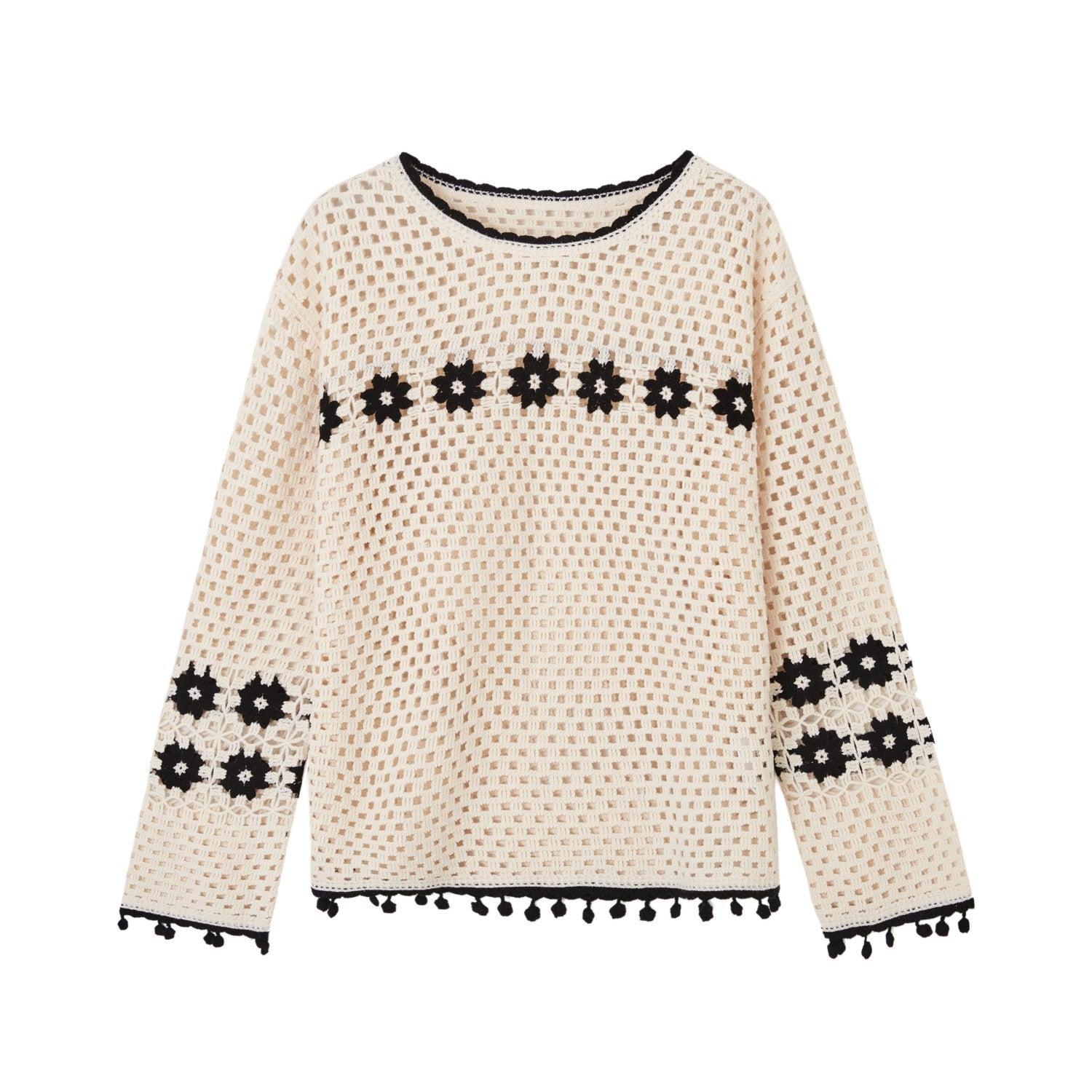 SOMESOWE Bohemian Style Hollow Crew Neck Sweater In Beige | MADAX