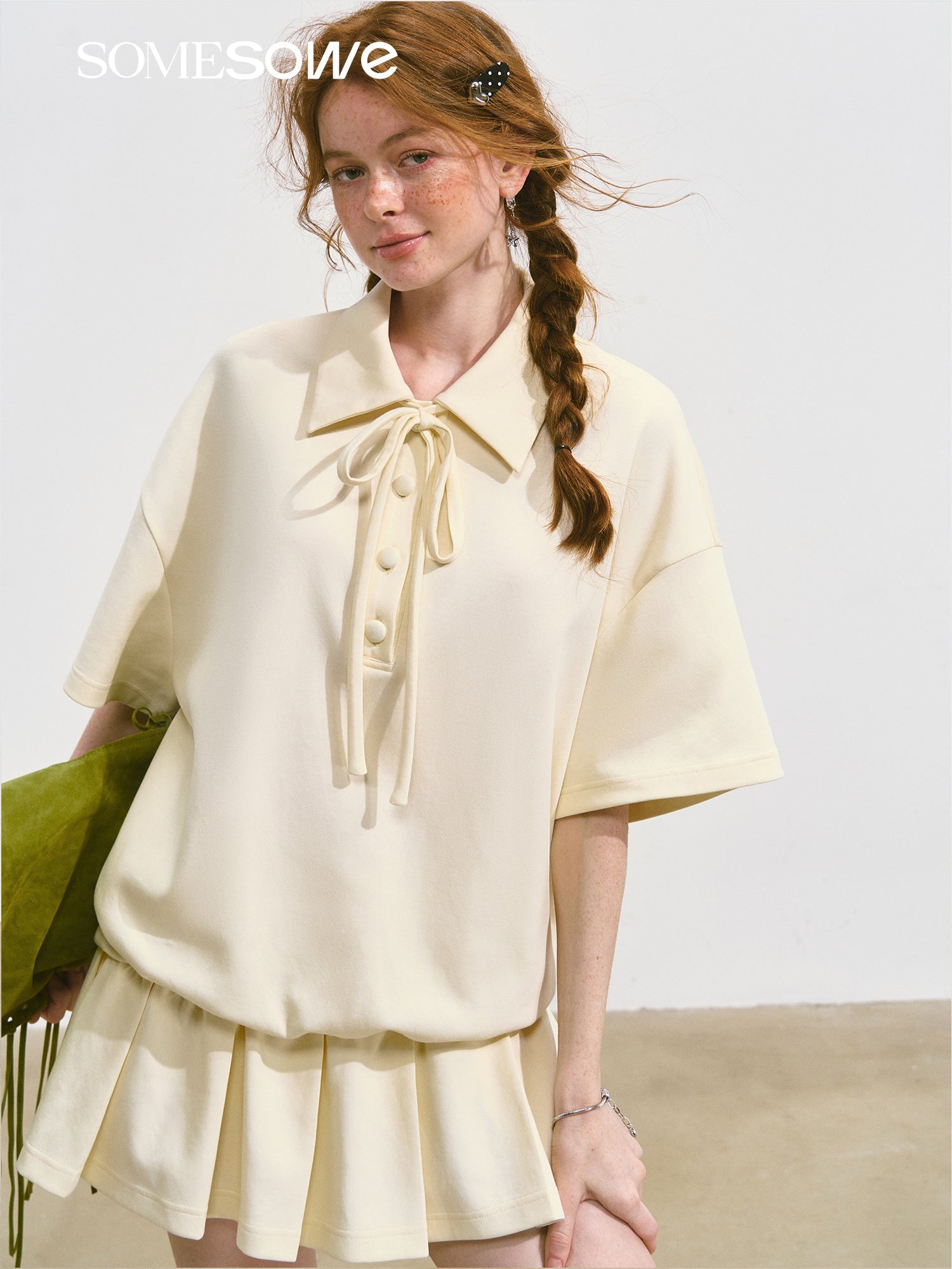 SOMESOWE Bow Pleated Dress In Beige | MADAX