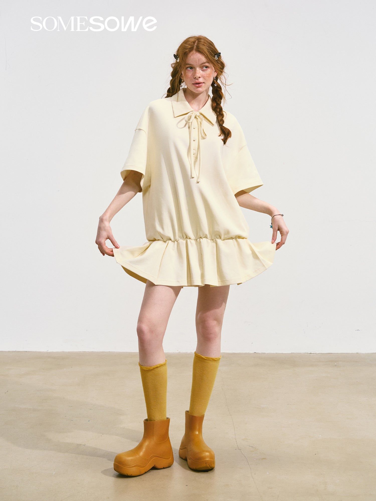 SOMESOWE Bow Pleated Dress In Beige | MADAX