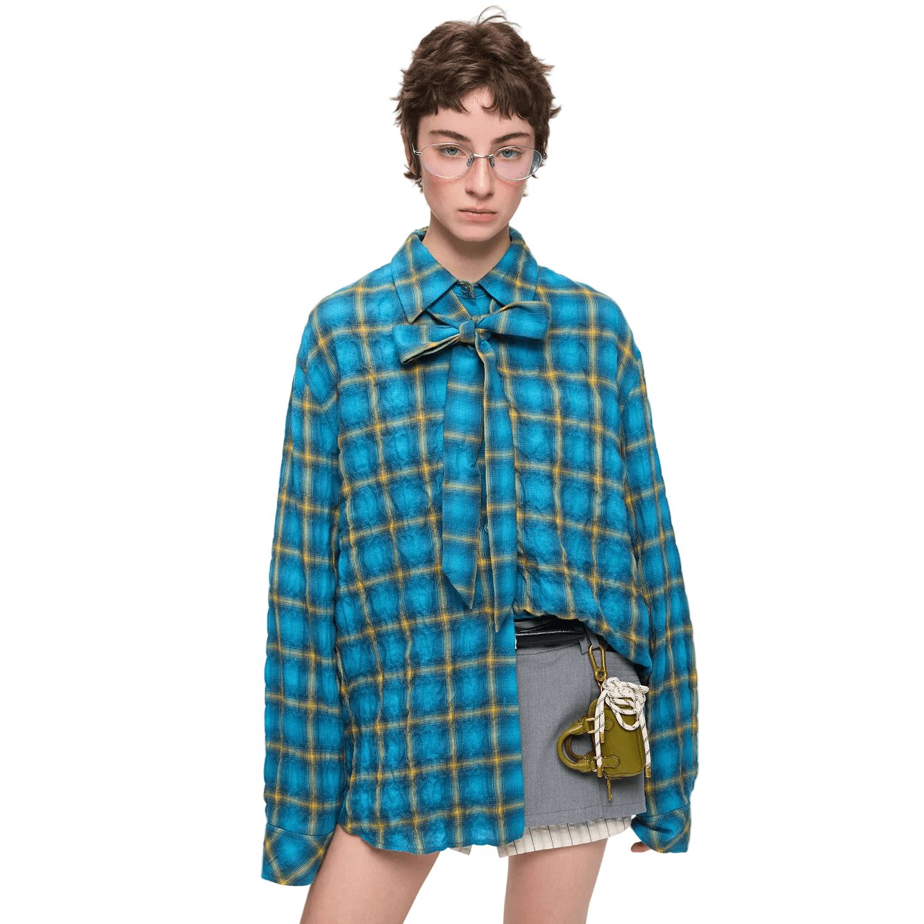 Alexia Sandra Bow Tie Plaid Pleated Shirt In Blue | MADAX