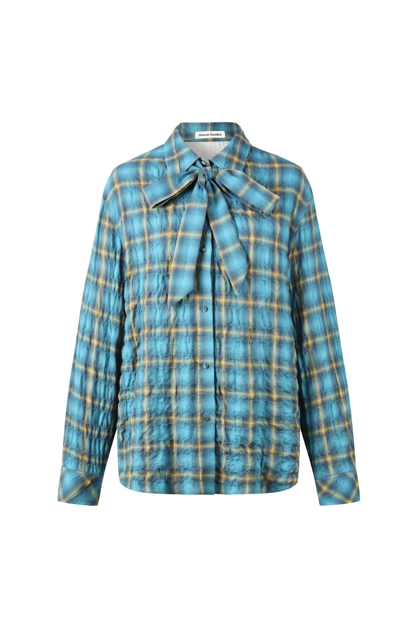 Alexia Sandra Bow Tie Plaid Pleated Shirt In Blue | MADAX