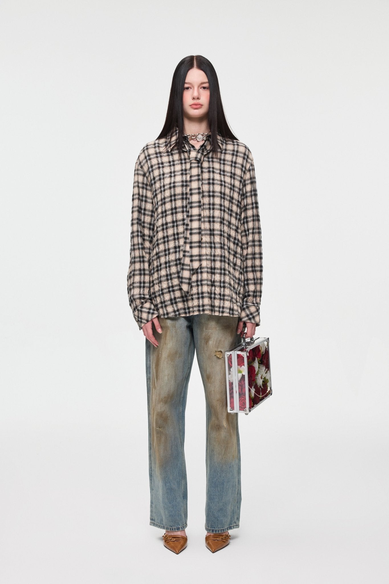 Alexia Sandra Bow Tie Plaid Pleated Shirt In Khaki | MADAX