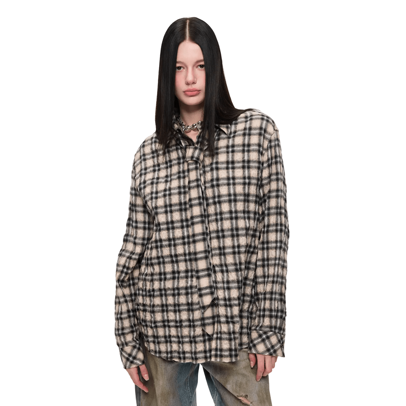 Alexia Sandra Bow Tie Plaid Pleated Shirt In Khaki | MADAX