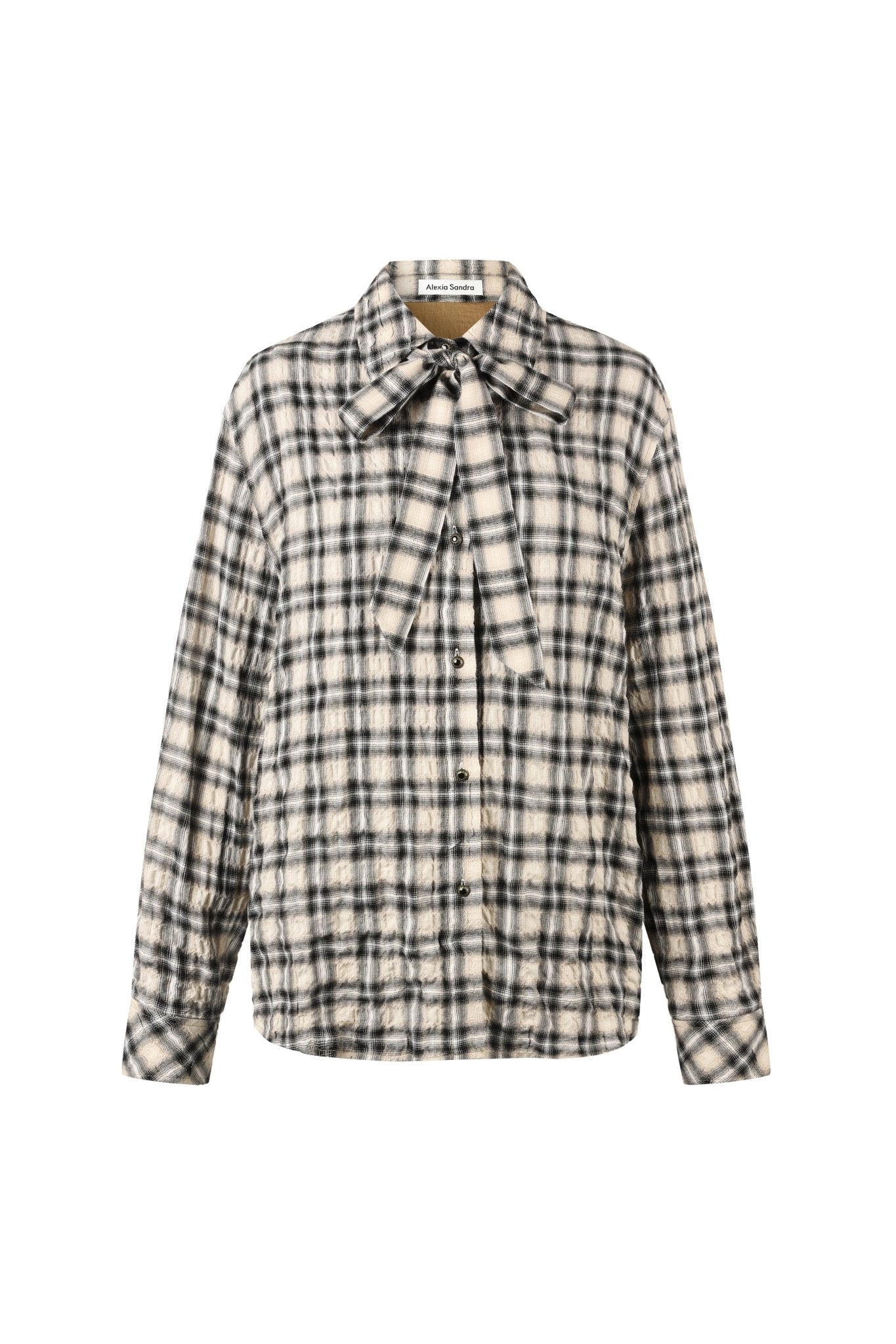 Alexia Sandra Bow Tie Plaid Pleated Shirt In Khaki | MADAX
