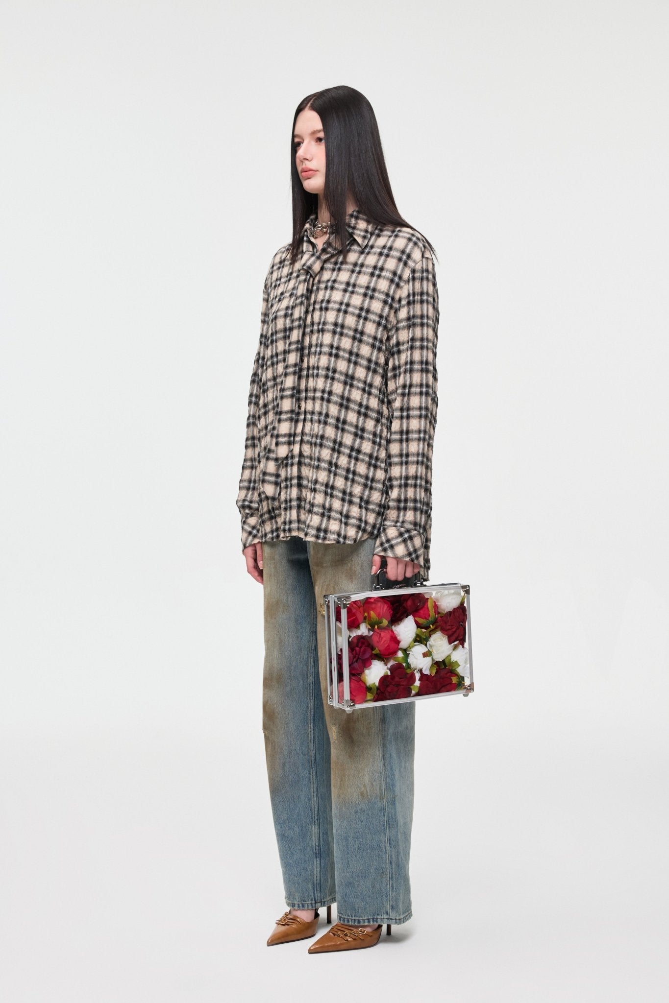 Alexia Sandra Bow Tie Plaid Pleated Shirt In Khaki | MADAX