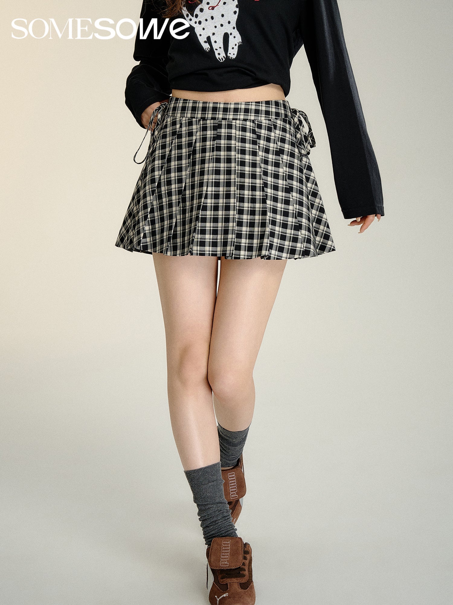 SOMESOWE Bow Tie Plaid Pleated Skirt | MADA IN CHINA