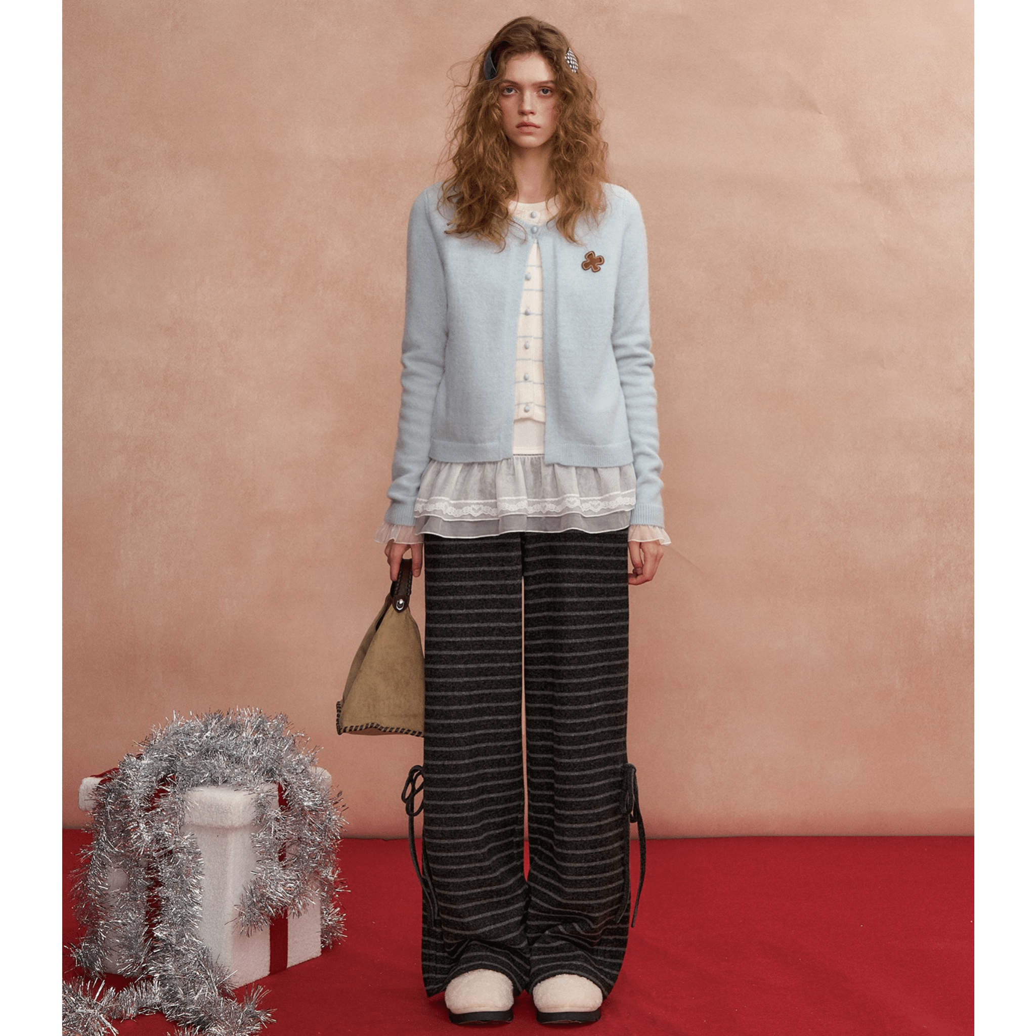 SOMESOWE Bow - tie Striped Tweed Trousers in Dark Gray Stripes | MADAX